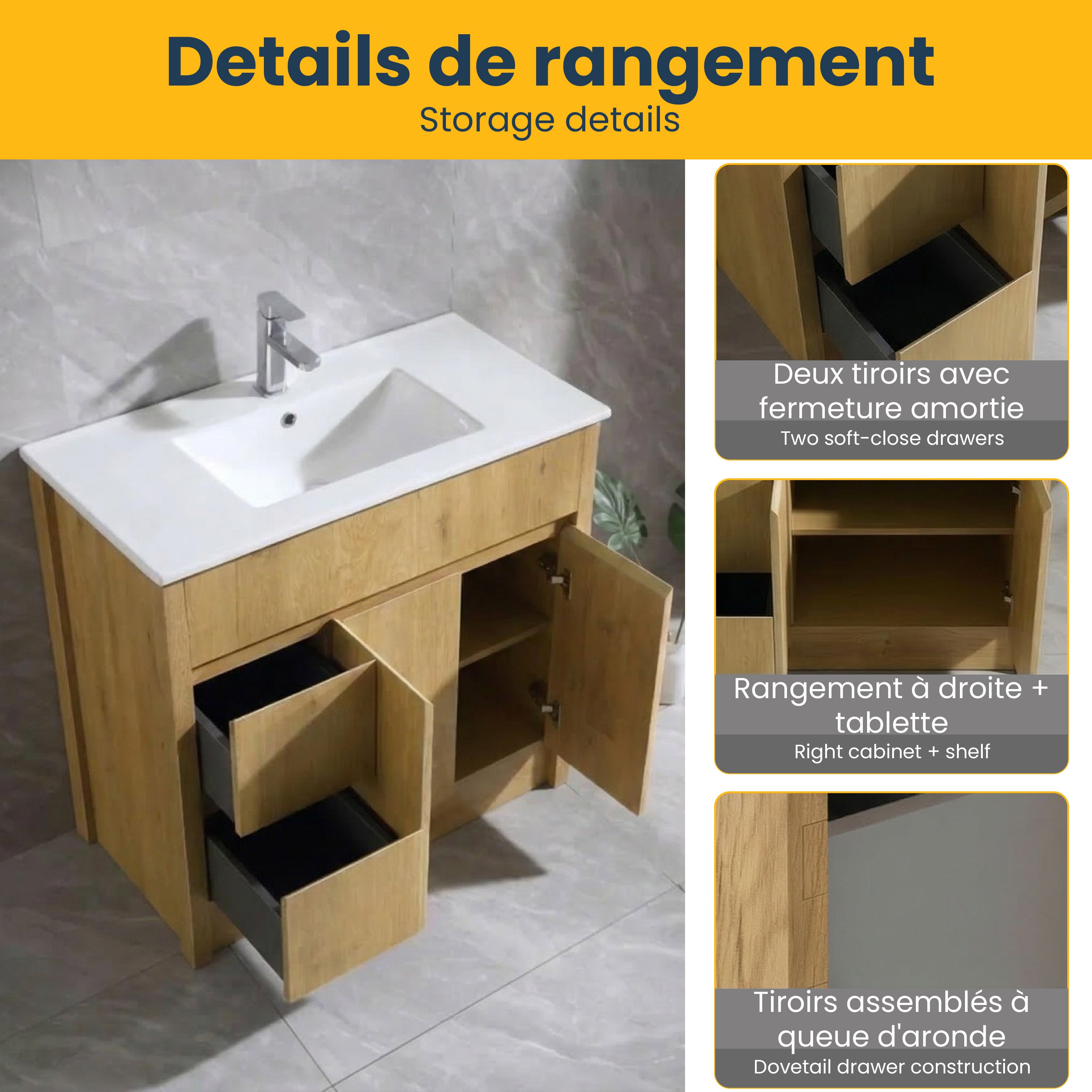 Meuble-Lavabo Autoportant 36 Chêne Givré avec Comptoir en Céramique