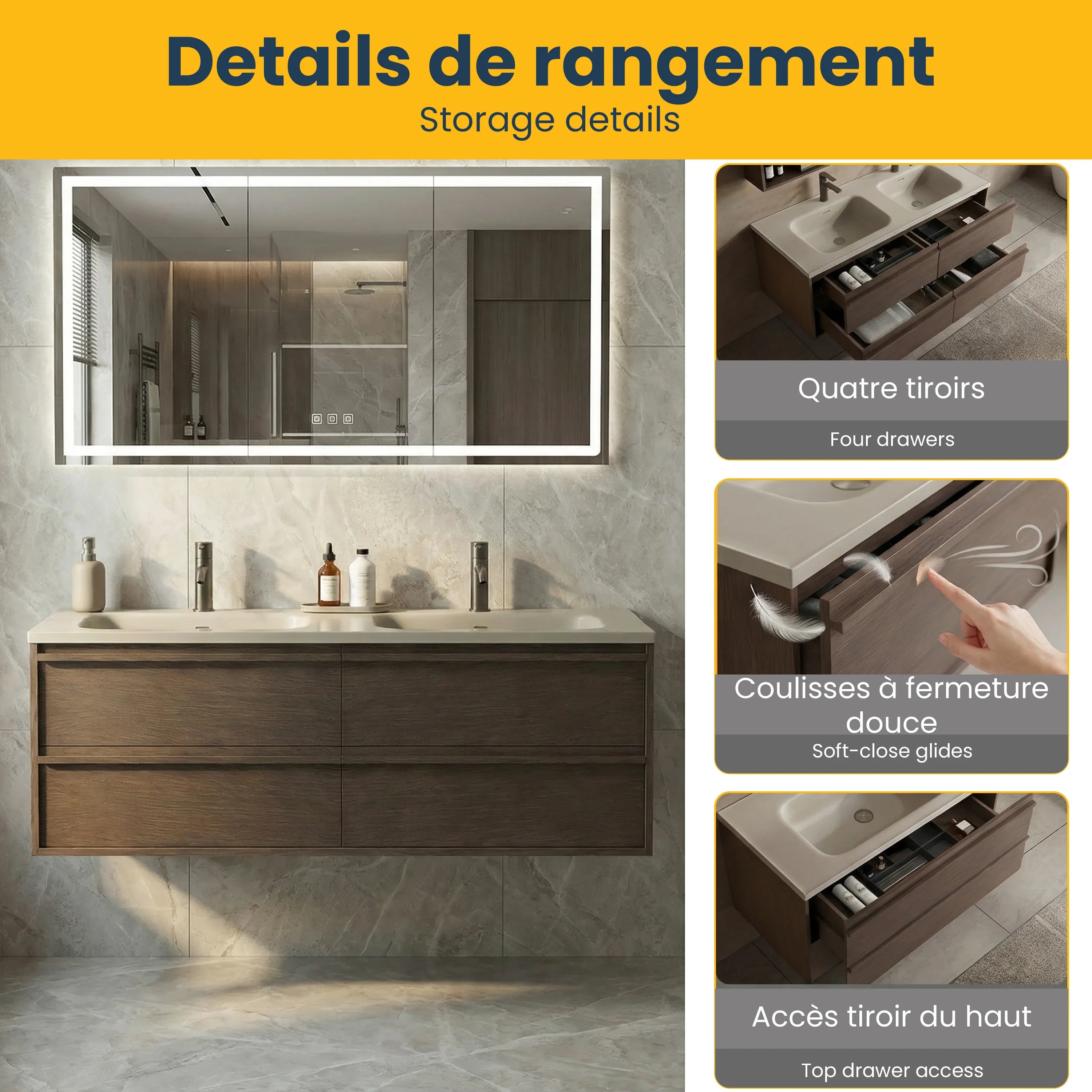 Meuble-lavabo Mural en Noisette 60 po avec Comptoir Intégré en Surface Solide Nano Taupe et Doubles Lavabos avec Pop-up