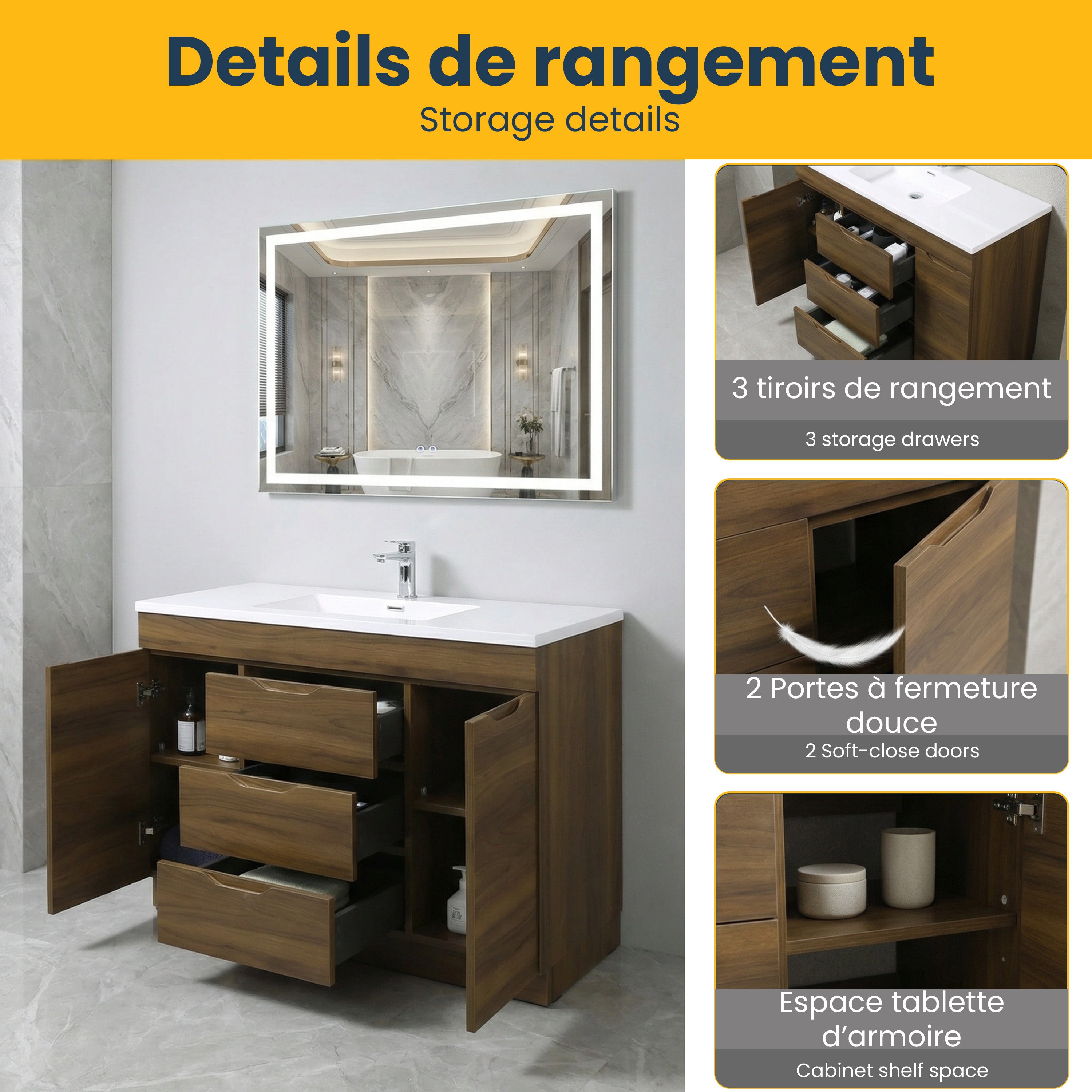 48" Walnut Freestanding Single Sink Bathroom Vanity with White Polymarble Countertop