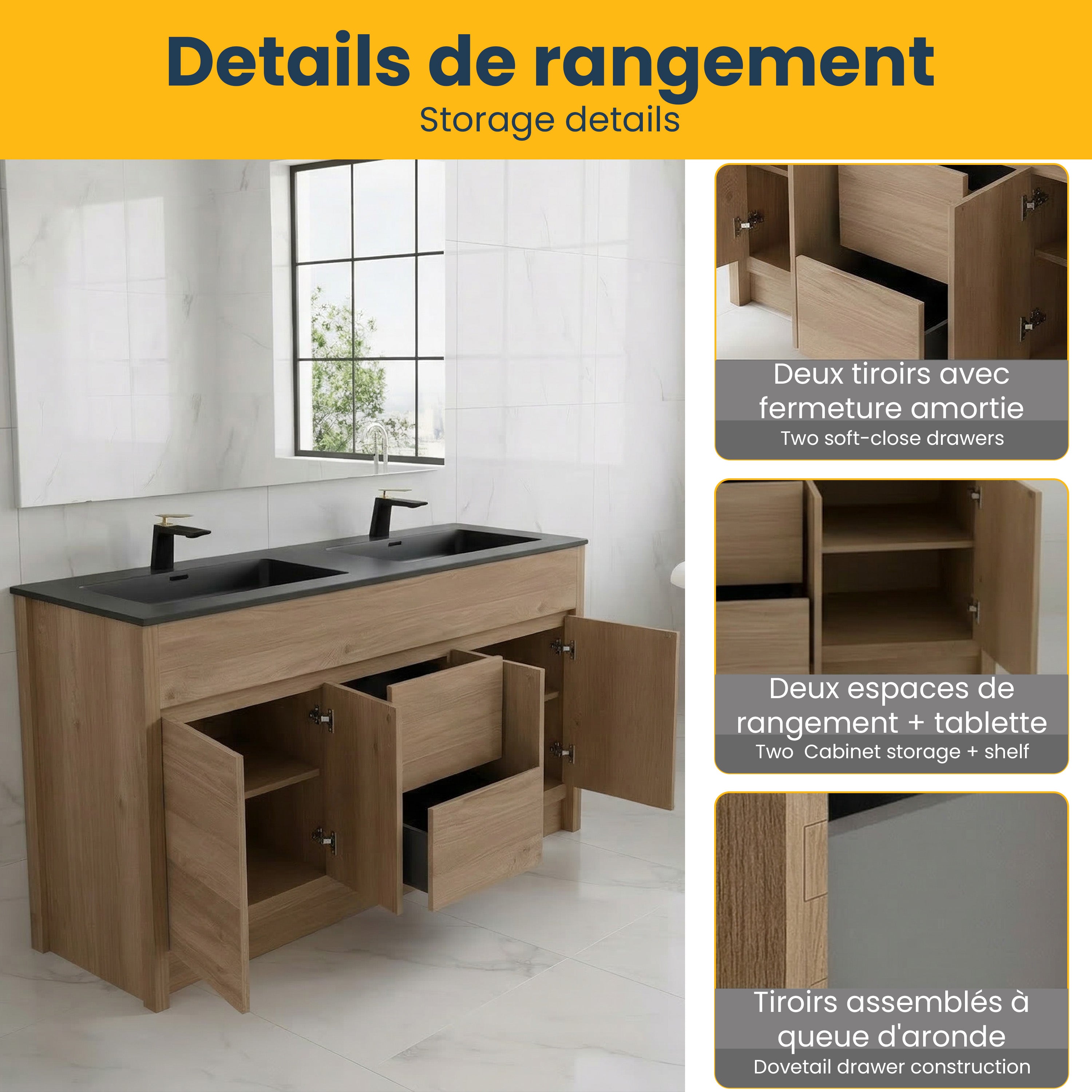 Meuble-Lavabo Autoportant 60po Chêne Brut avec Comptoir de Quartz d'ingénierie Noir