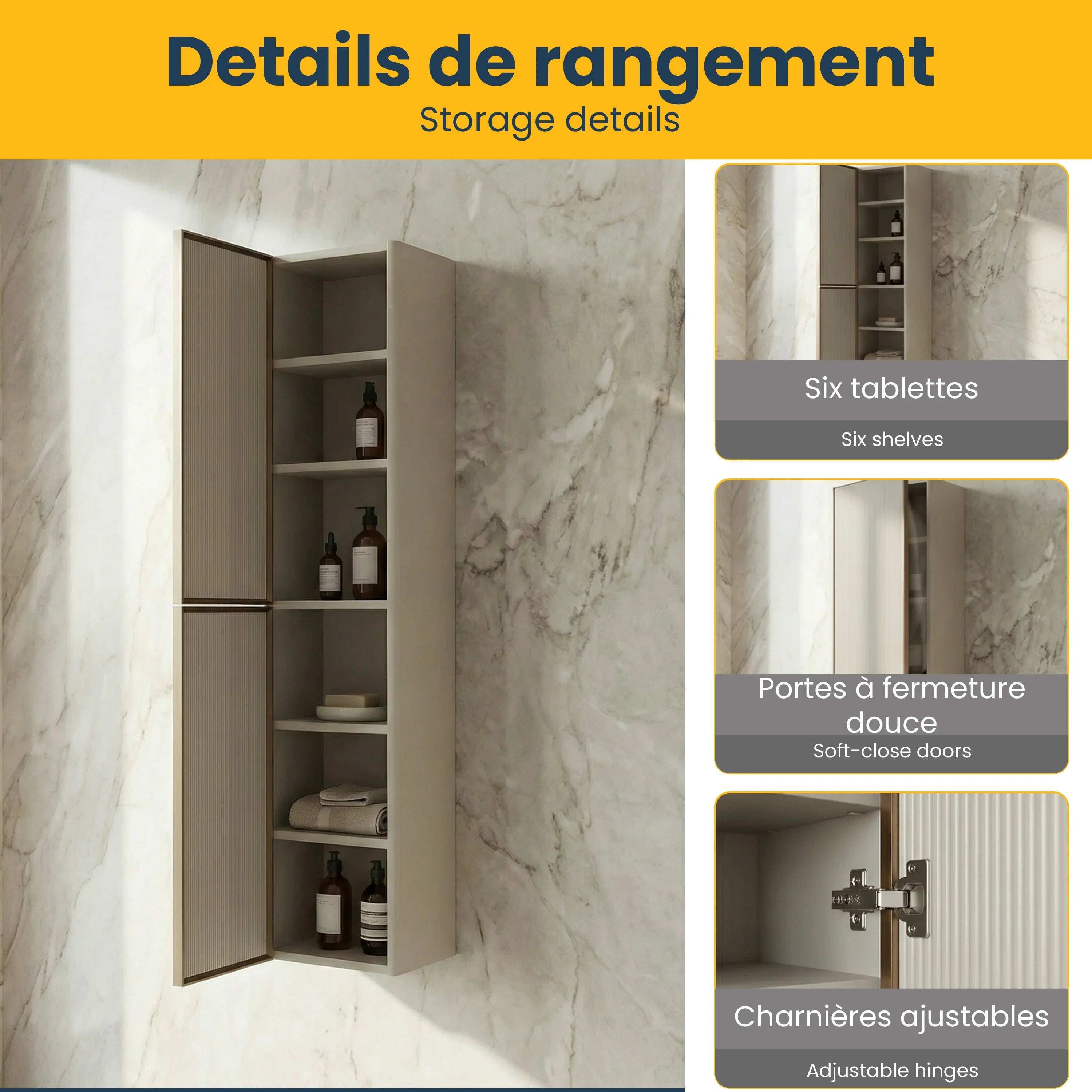 Meuble de rangement mural Kari Latte à 2 portes avec étagères - Rangement de salle de bain