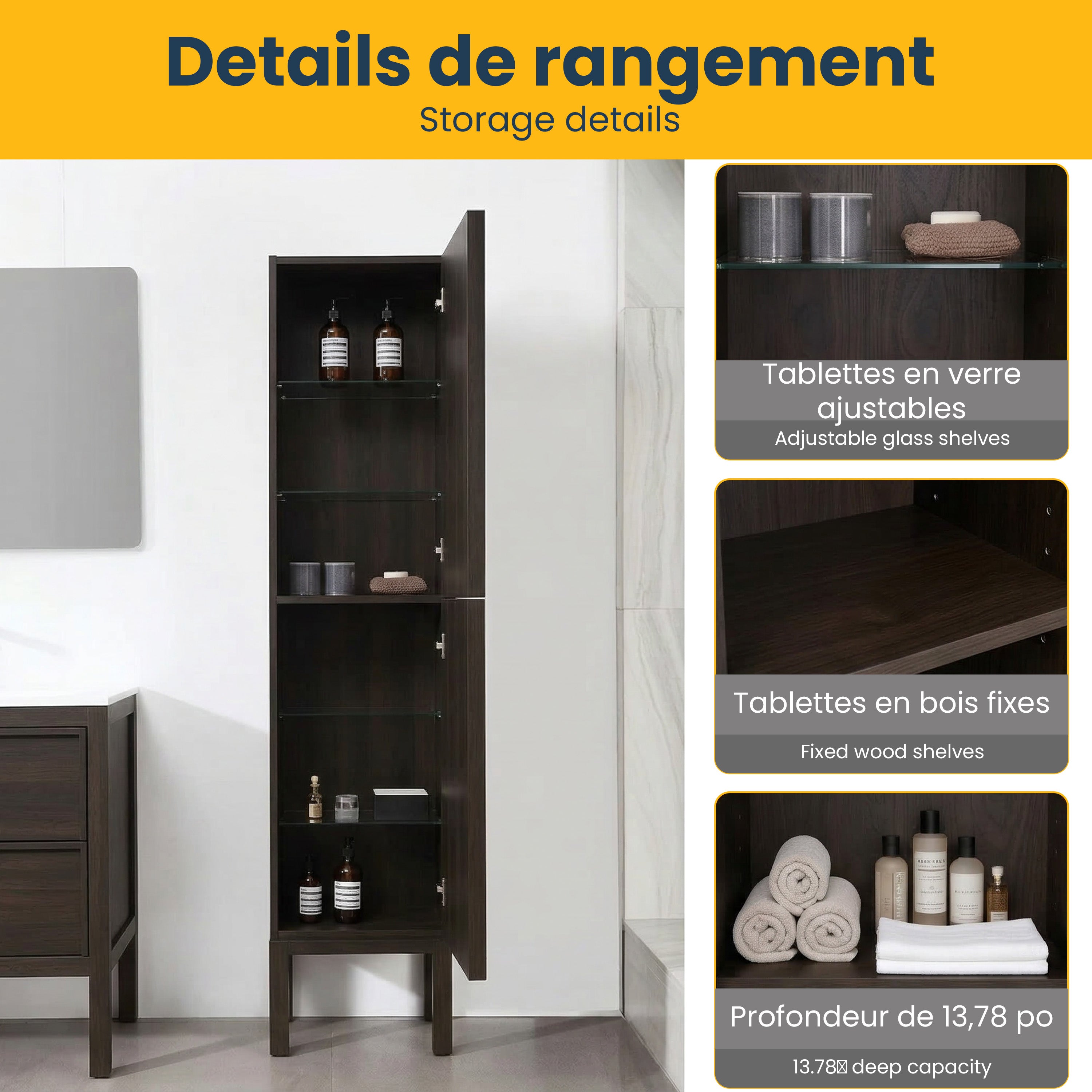 Armoire à linge sur pied 17po en chêne fumé avec portes à fermeture douce - Réversible