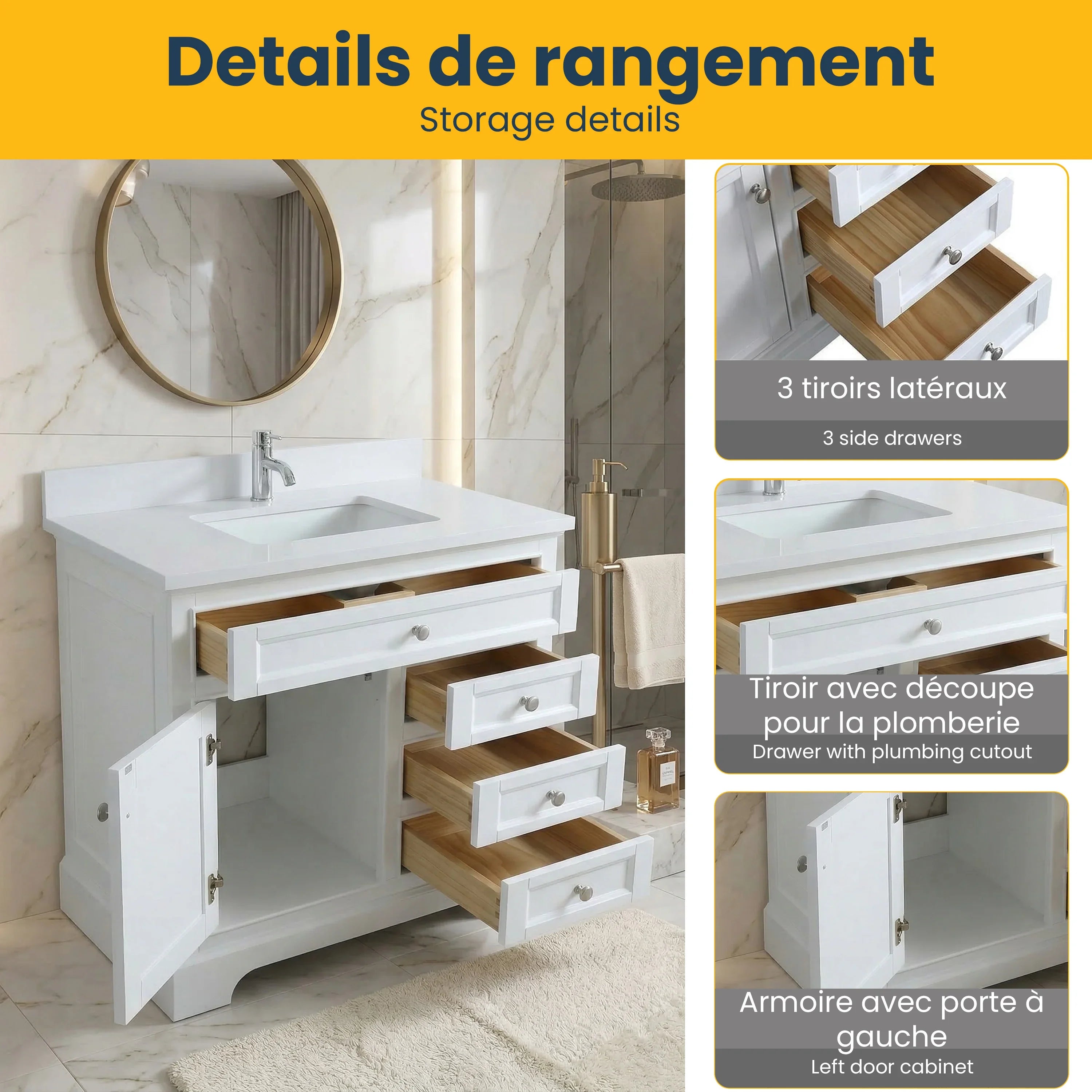 Meuble-lavabo autoportant blanc de 36 po avec comptoir en marbre blanc reconstitué