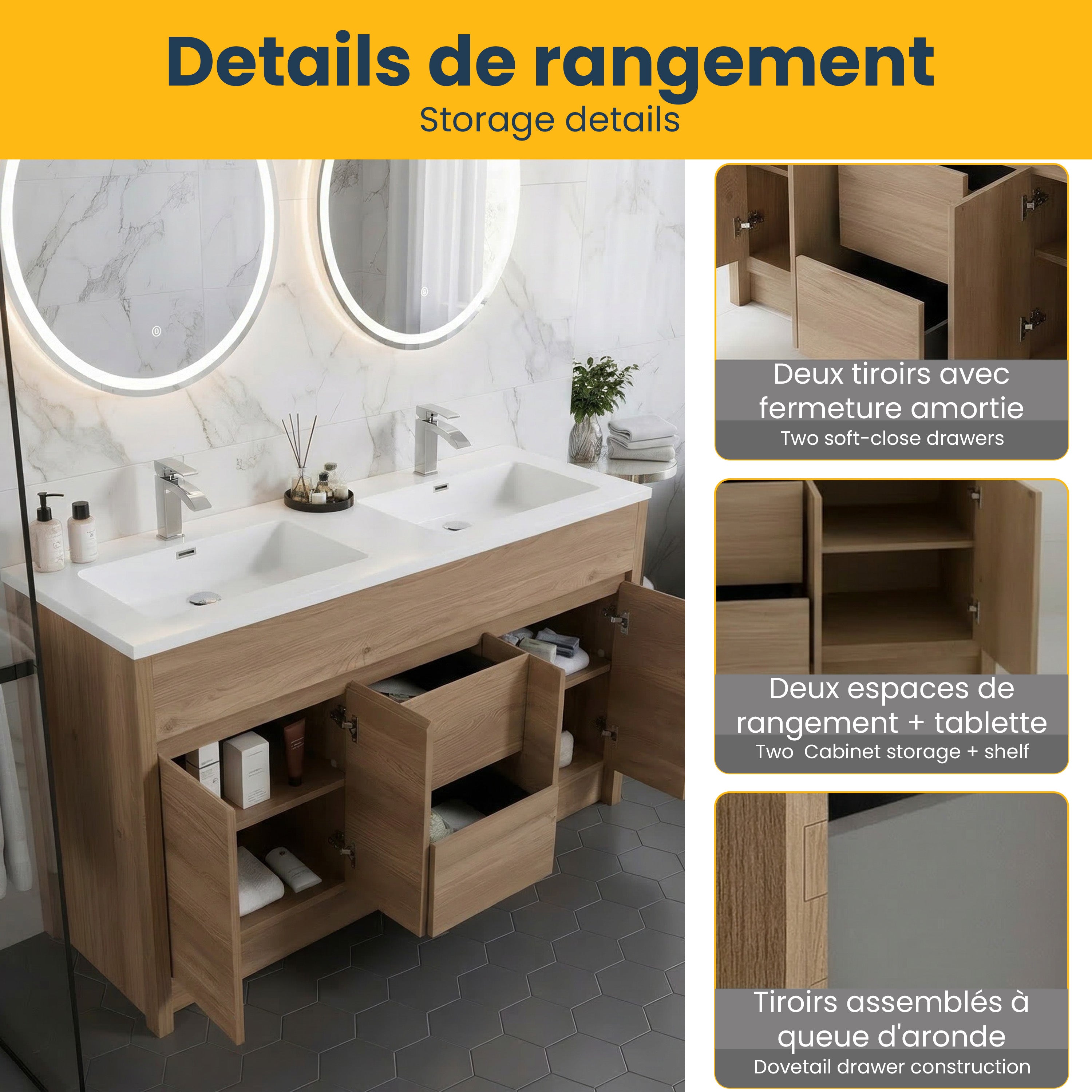 Meuble-Lavabo Autoportant 60po Chêne Brut avec Comptoir de Polymarbre Blanc 
