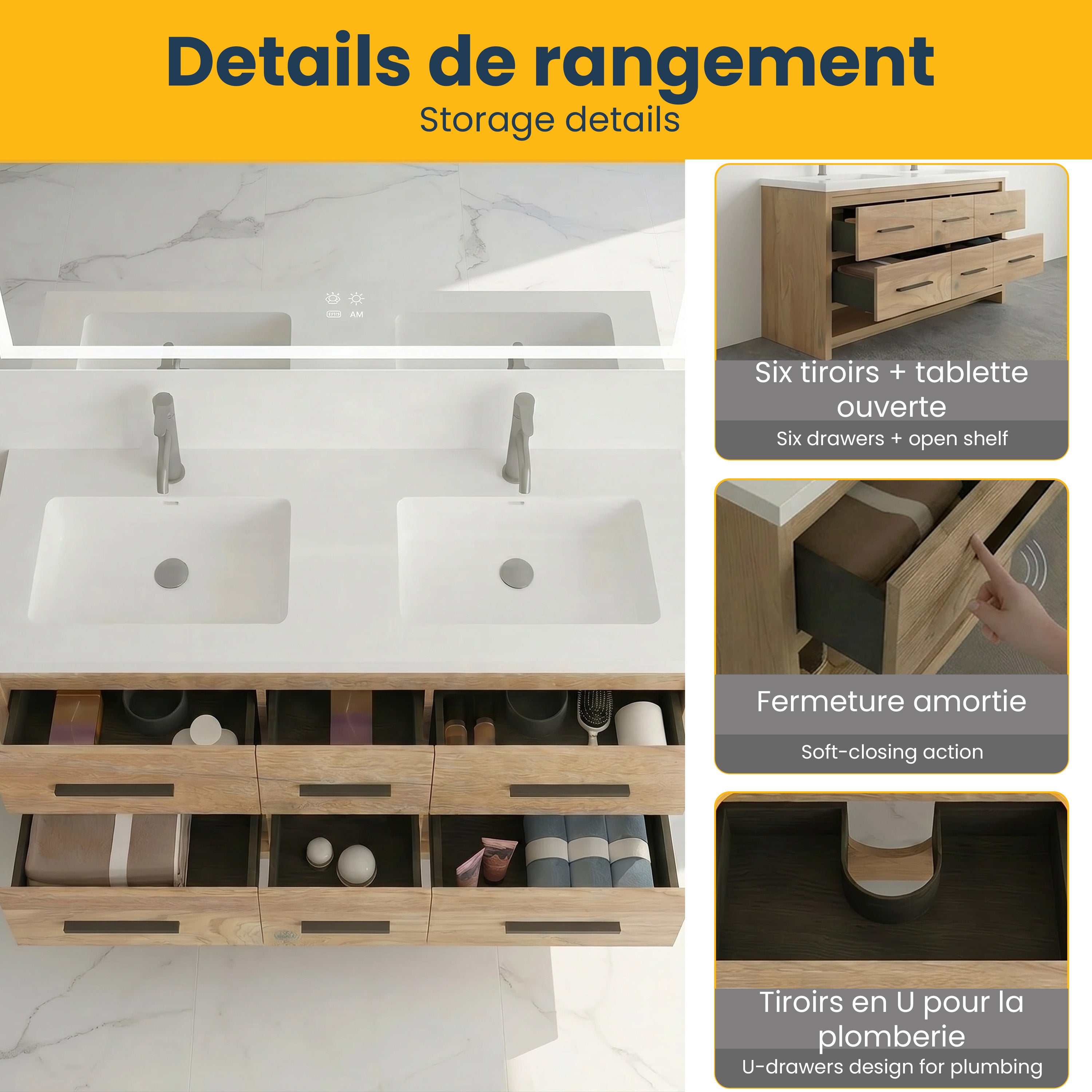 Meuble-Lavabo Autoportant 60po Chêne Brut avec Comptoir de Polymarbre Blanc