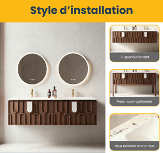 Meuble-lavabo double vasque Belfort 60 po en noyer - Plan de travail en marbre blanc de Carrare