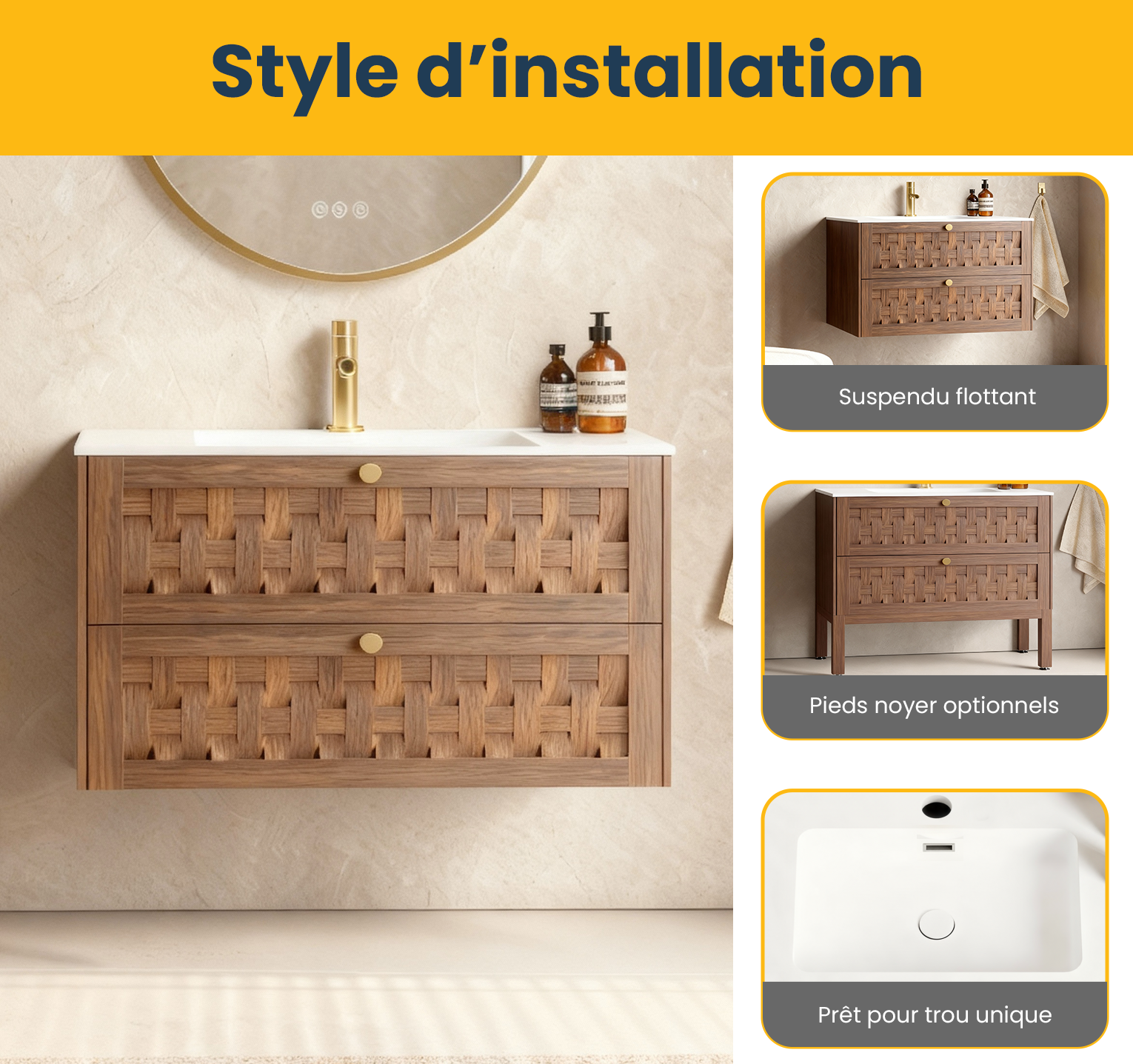 36" Walnut Wall-Mount Single Sink Bathroom Vanity with Matte White Solid Surface Countertop