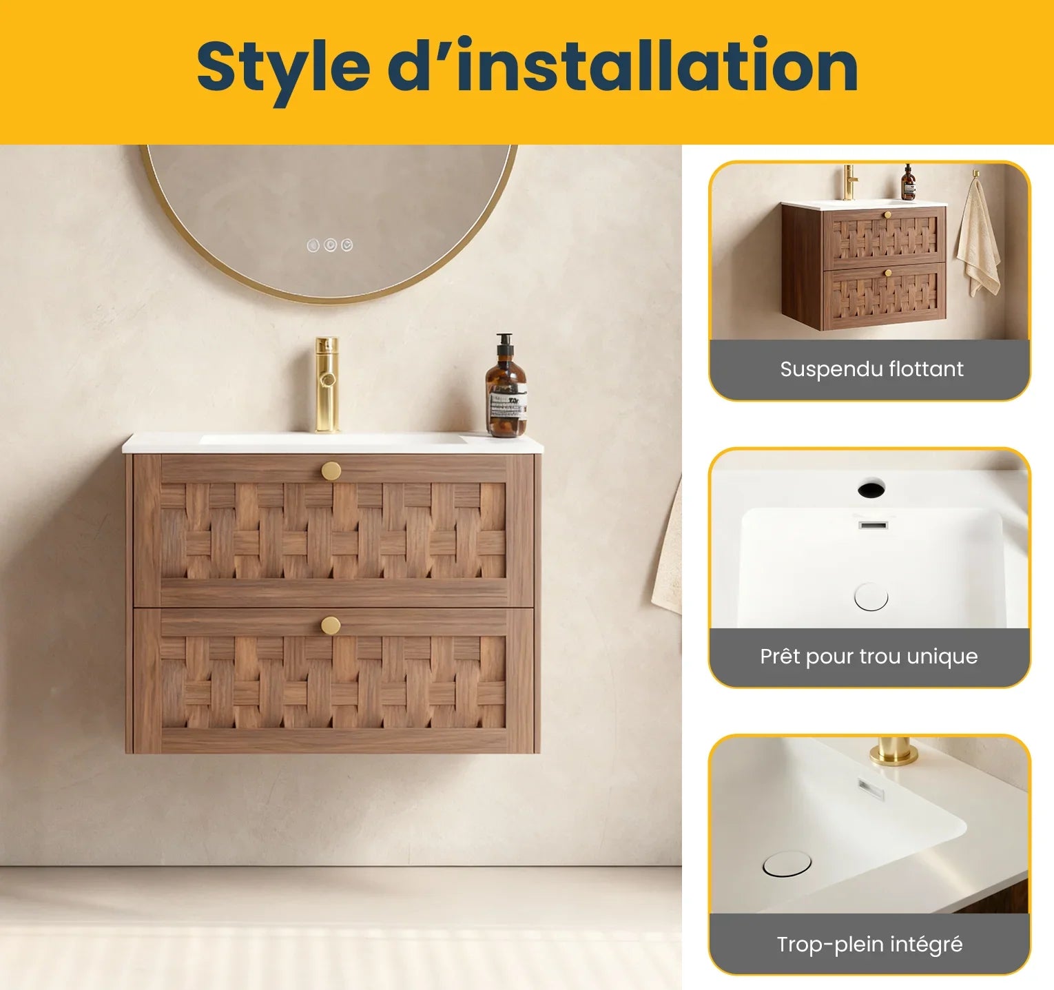 Meuble-lavabo mural 30po en noyer naturel avec comptoir en surface solide blanc mat