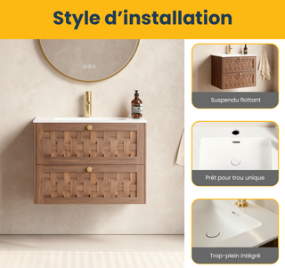 Meuble-lavabo mural Toulouse 30 po en noyer - Comptoir blanc mat