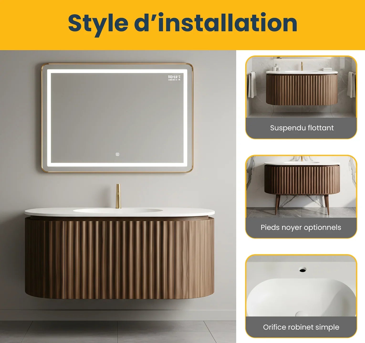 Meuble-lavabo 48 po en noyer courbé et cannelé - Comptoir blanc mat