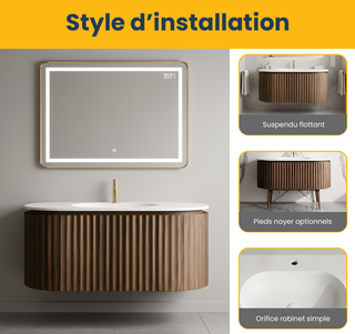 Meuble-lavabo Andorra 48 po en noyer courbé et cannelé - Comptoir blanc mat