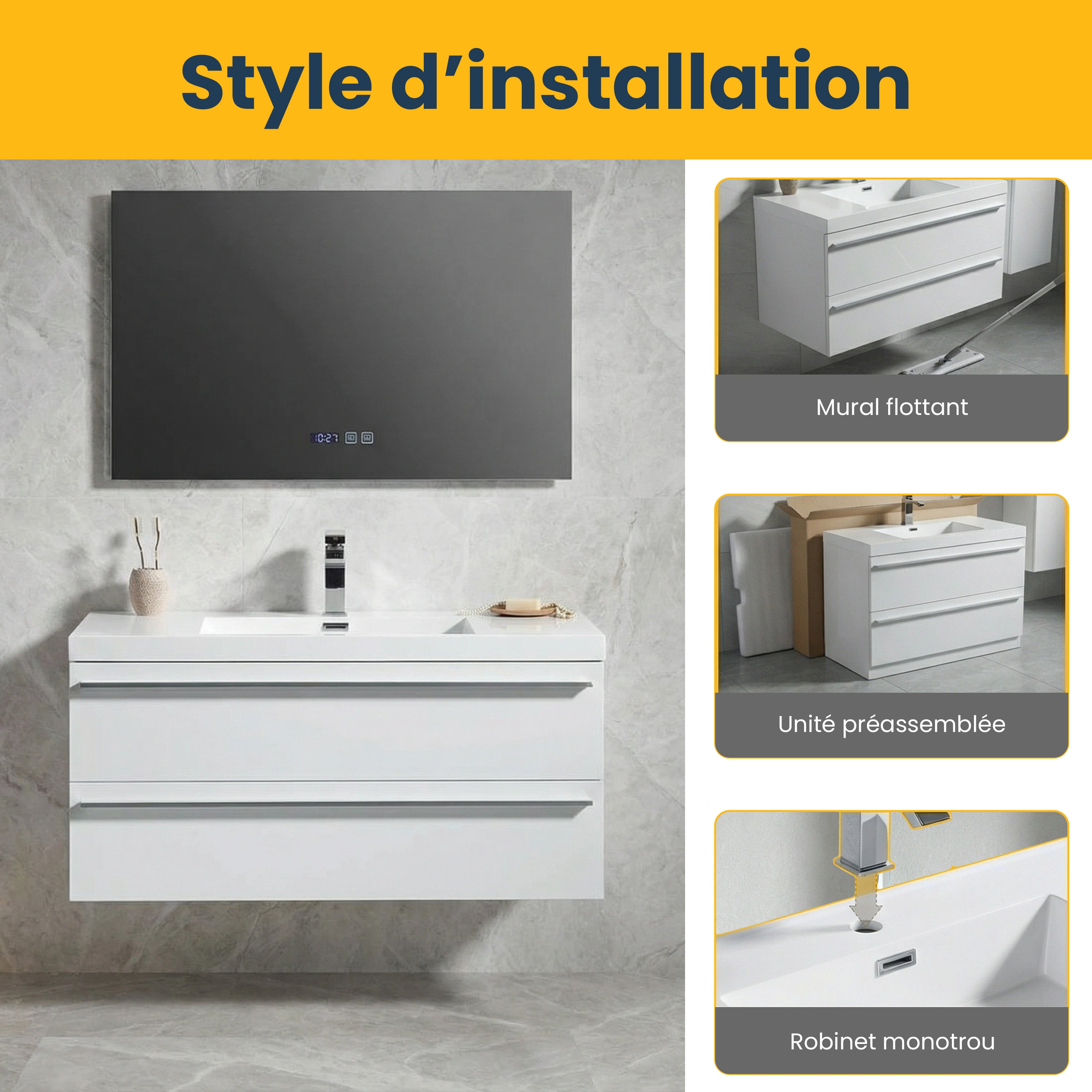 42" White Wall Mount Bathroom Vanity with White Polymarble Countertop