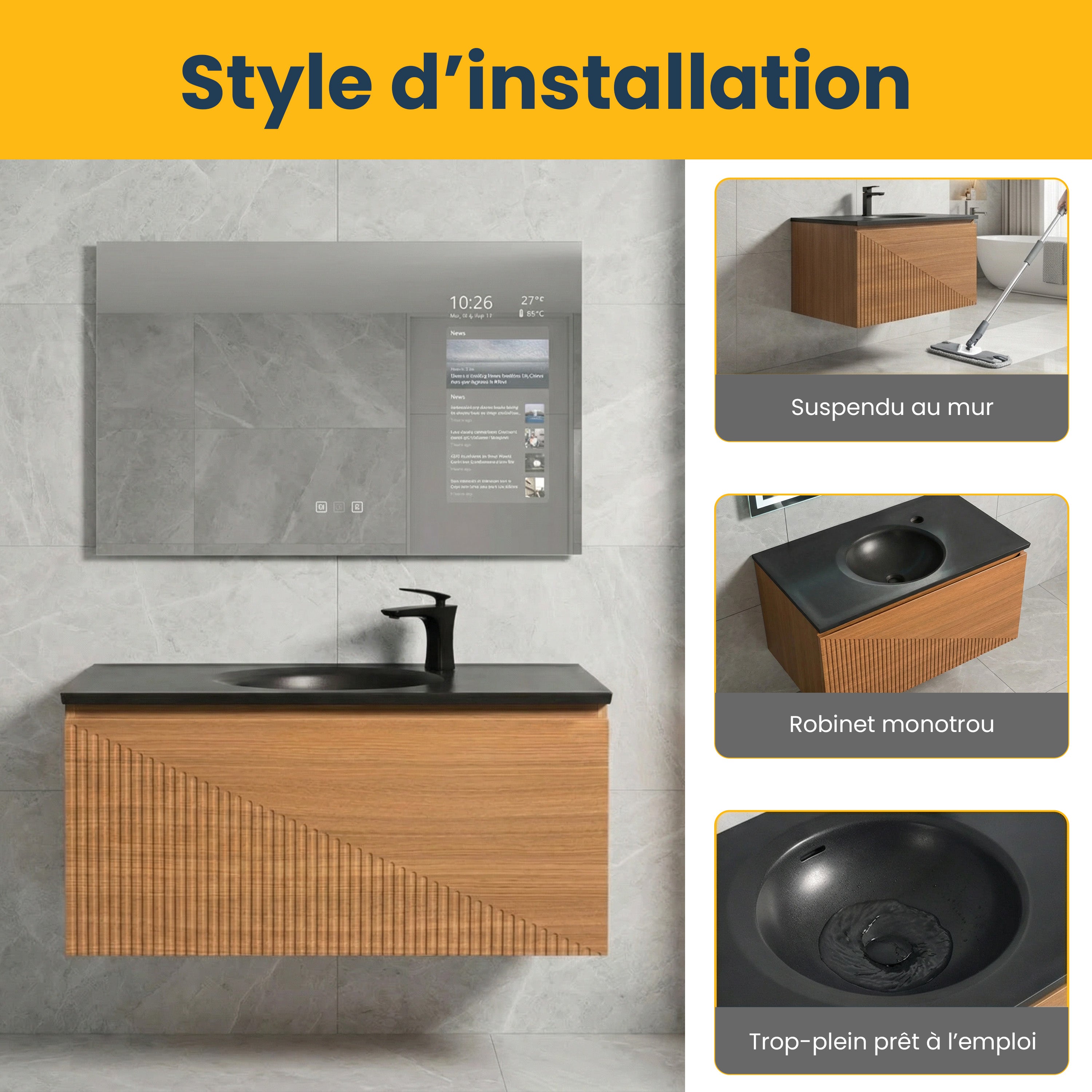 Meuble-Lavabo Mural 36po Chêne Clair avec Comptoir de Quartz d'ingénierie Noir