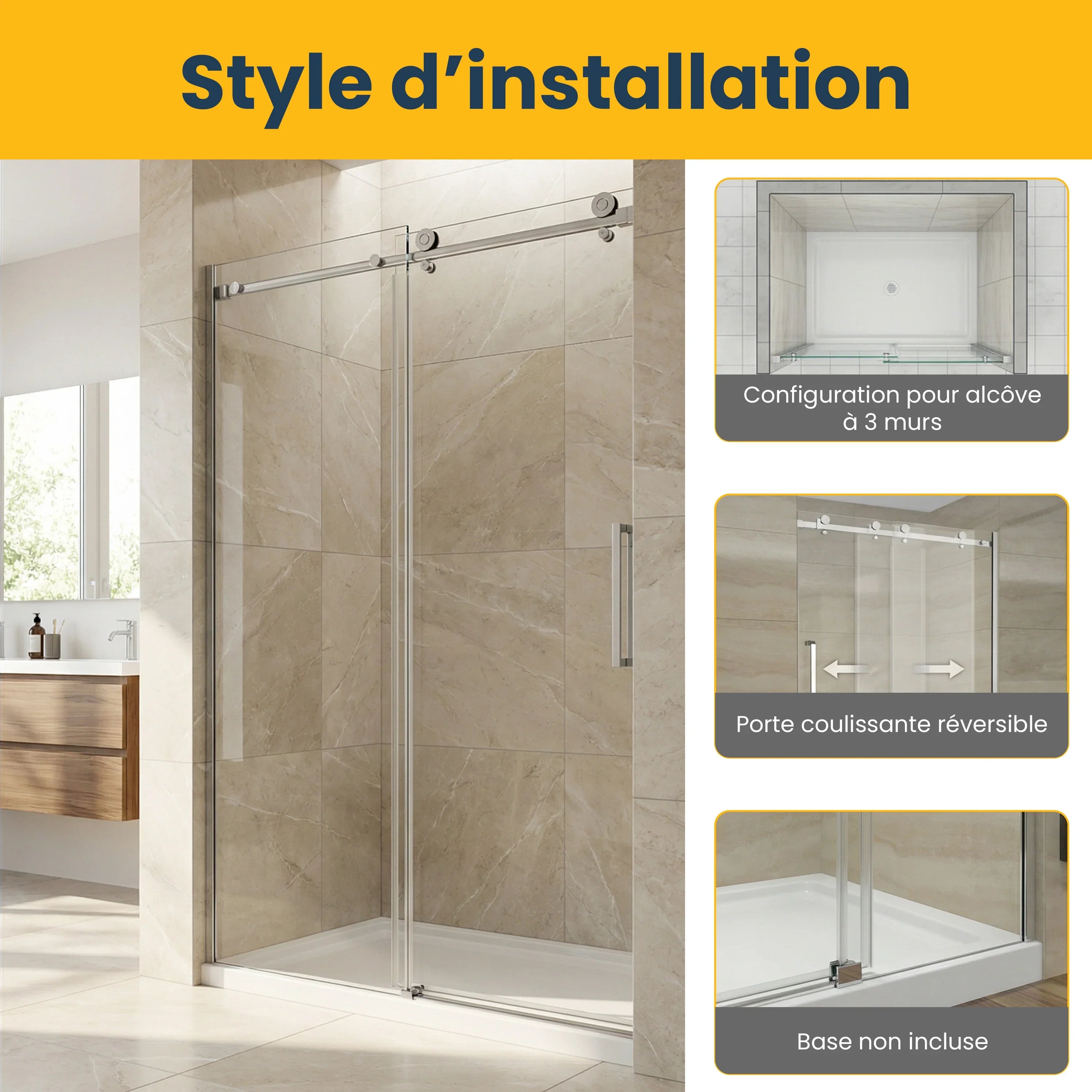48" x 75" Alcove Reversible Sliding Shower Door with Square Chrome Hardware - 10mm Tempered Glass