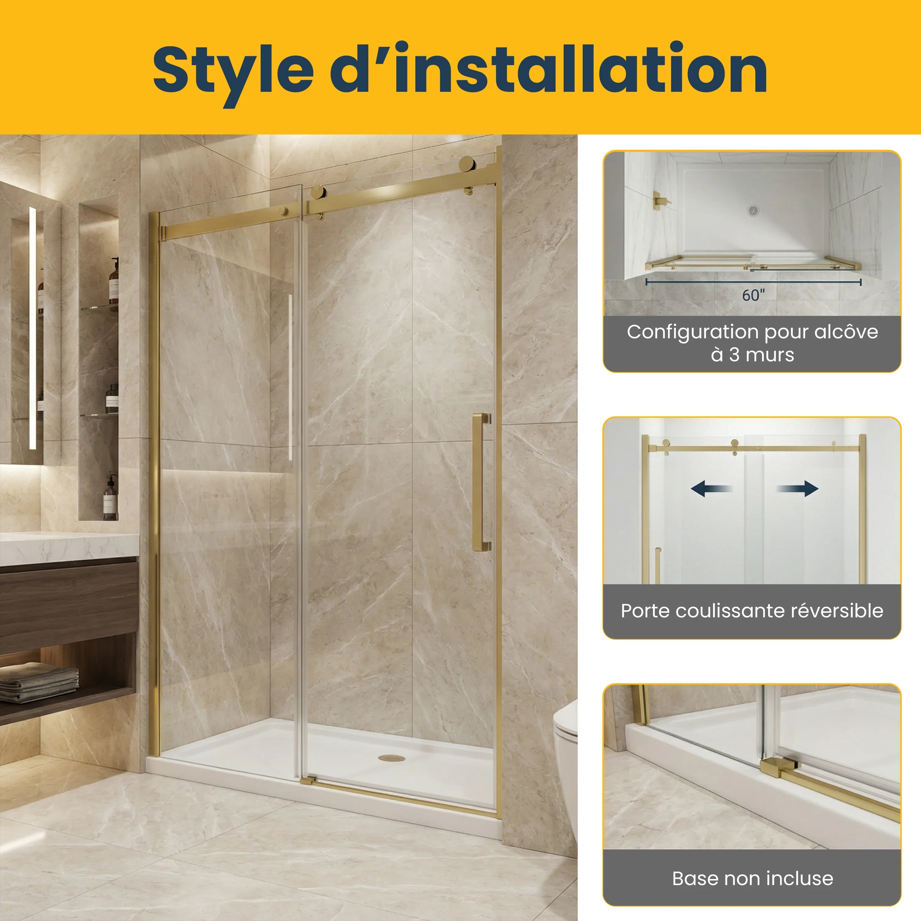 60" x 75" Brushed Gold Alcove Reversible Sliding Shower Door with Square Hardware