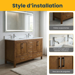 Meuble-lavabo double sur pied en noyer de 60 po avec comptoir en marbre blanc reconstitué