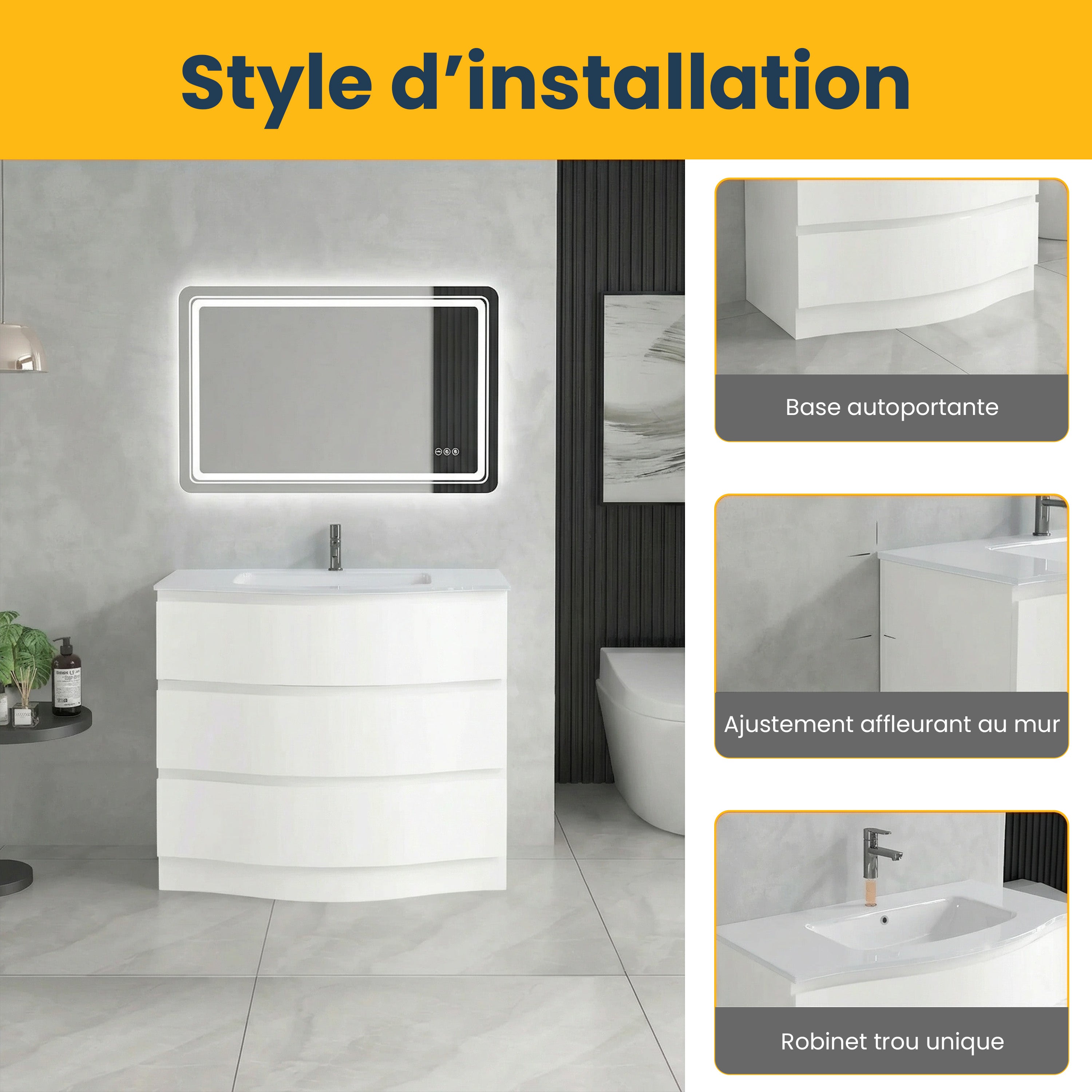 36" Matte White Freestanding Single Sink Bathroom Vanity with White Glass Countertop