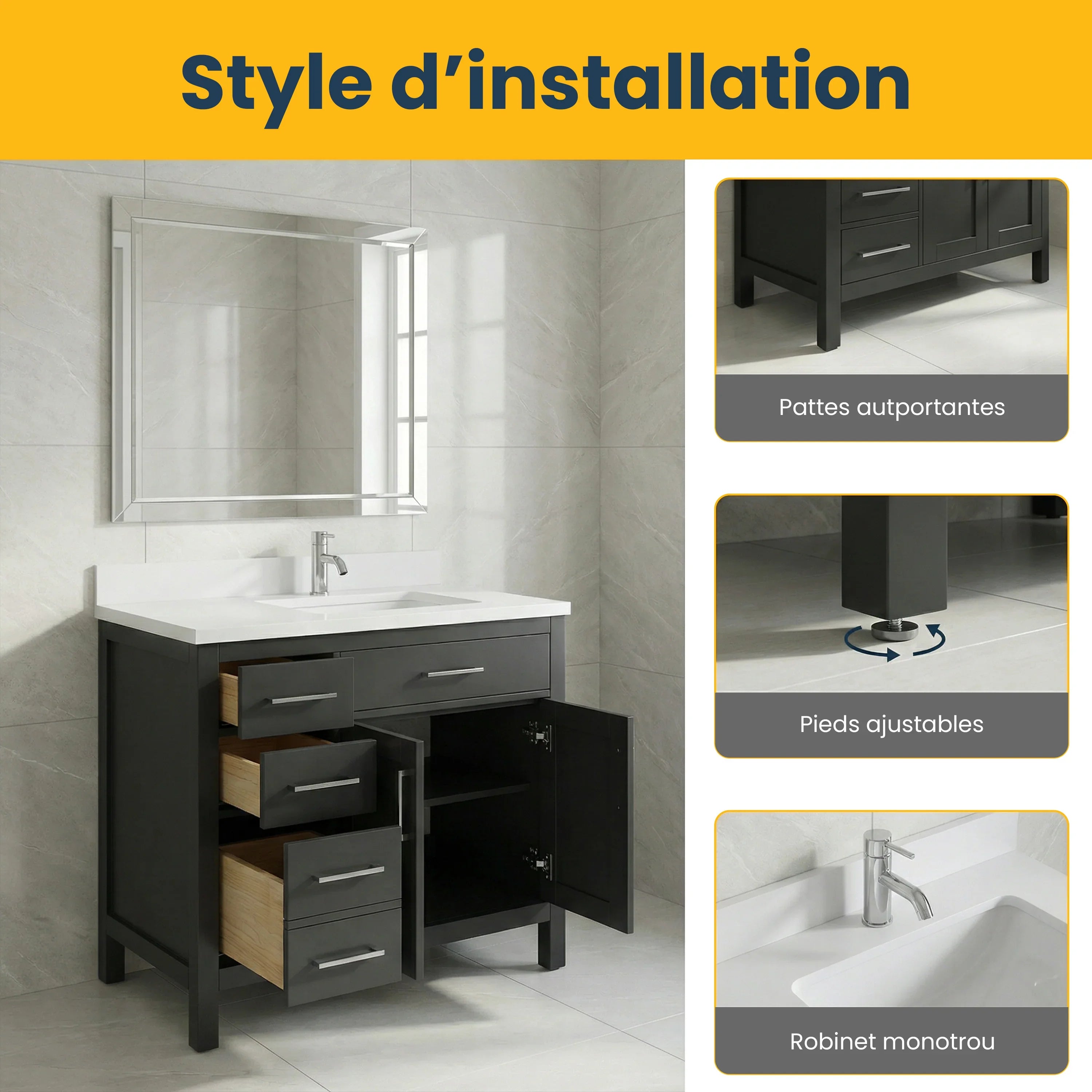 Meuble-lavabo autoportant noir de 36 po avec comptoir en marbre blanc reconstitué