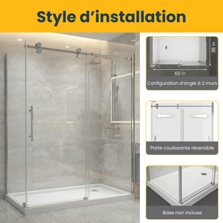 Porte de douche coulissante réversible chromée 60 po x 36 po x 75 po - Verre 10 mm, installation sur deux murs avec panneau latéral de 36 po.