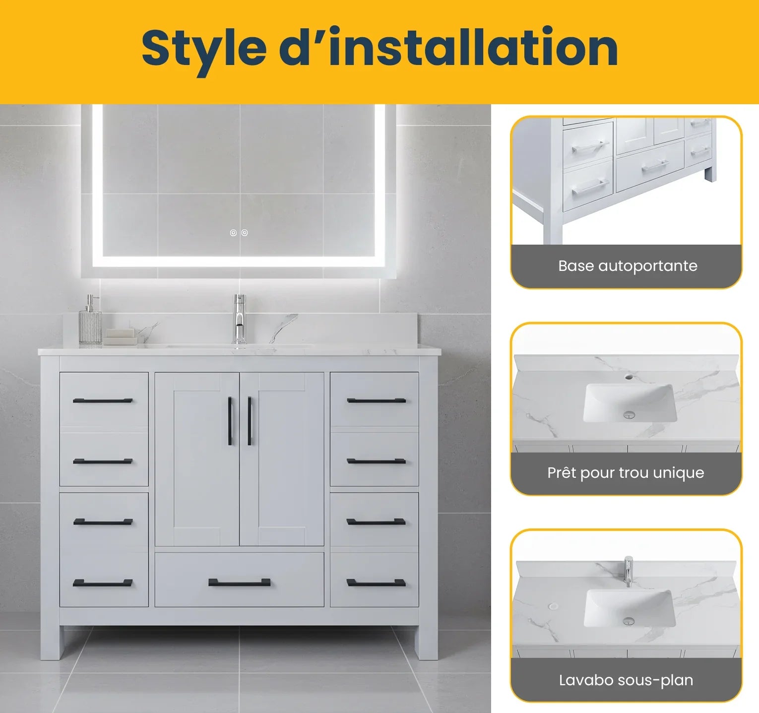 Meuble Lavabo Autoportant Hampton Gris 42po avec Comptoir en Marbre Calcutta