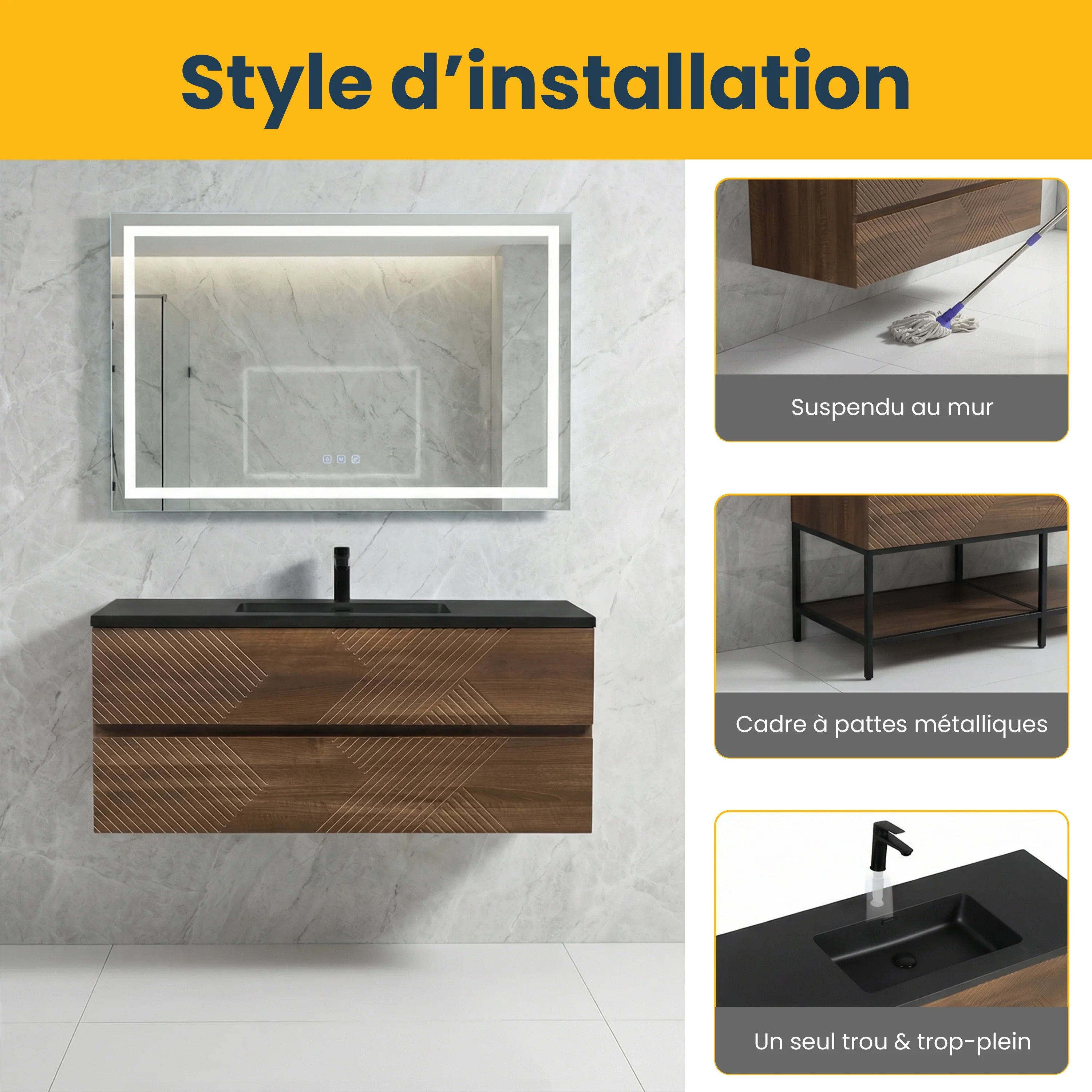 48" Walnut Wall Mount Single Sink Bathroom Vanity with Black Engineered Quartz Countertop