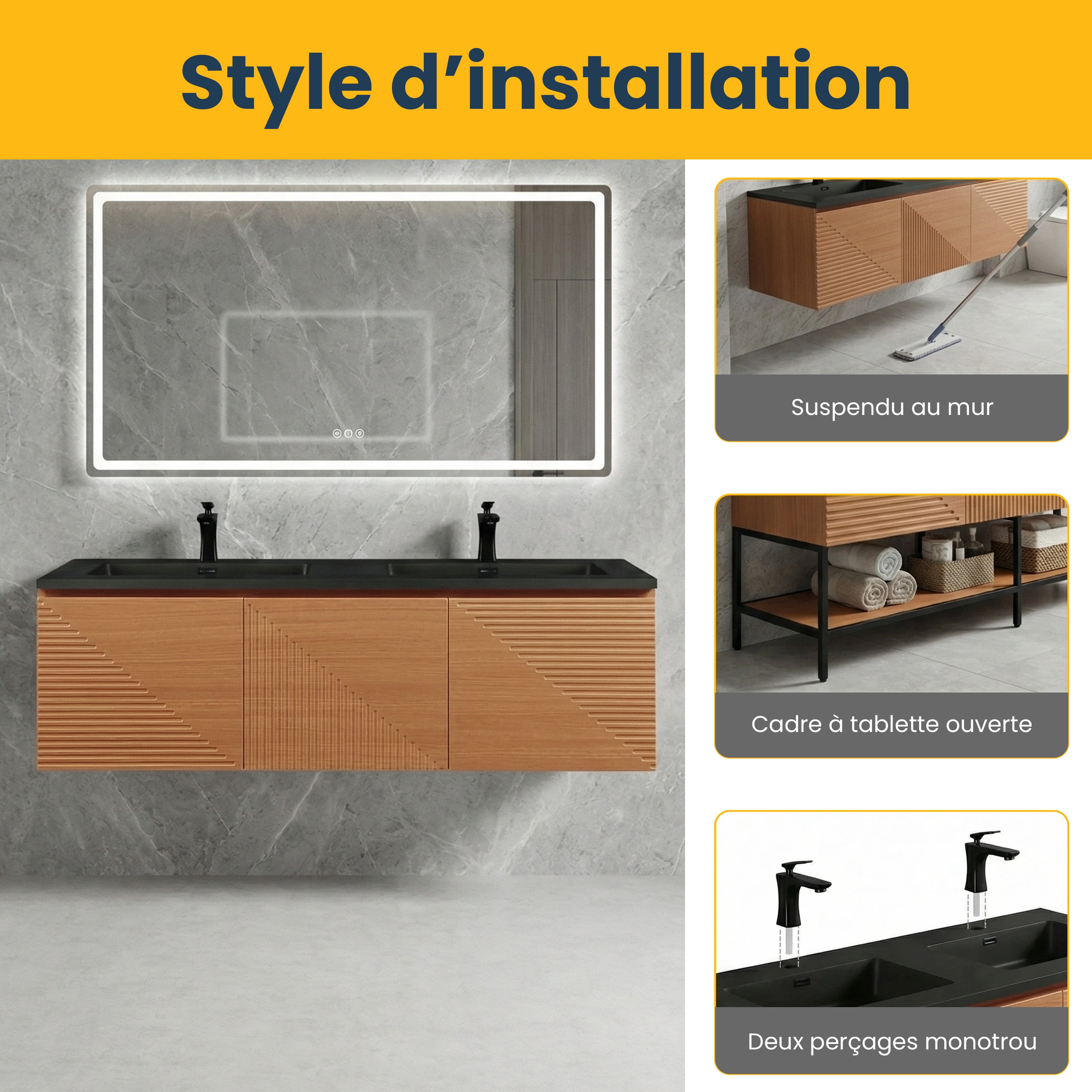 60" Light Oak Wall-Mounted Double Sink Bathroom Vanity with Black Engineered Quartz Countertop