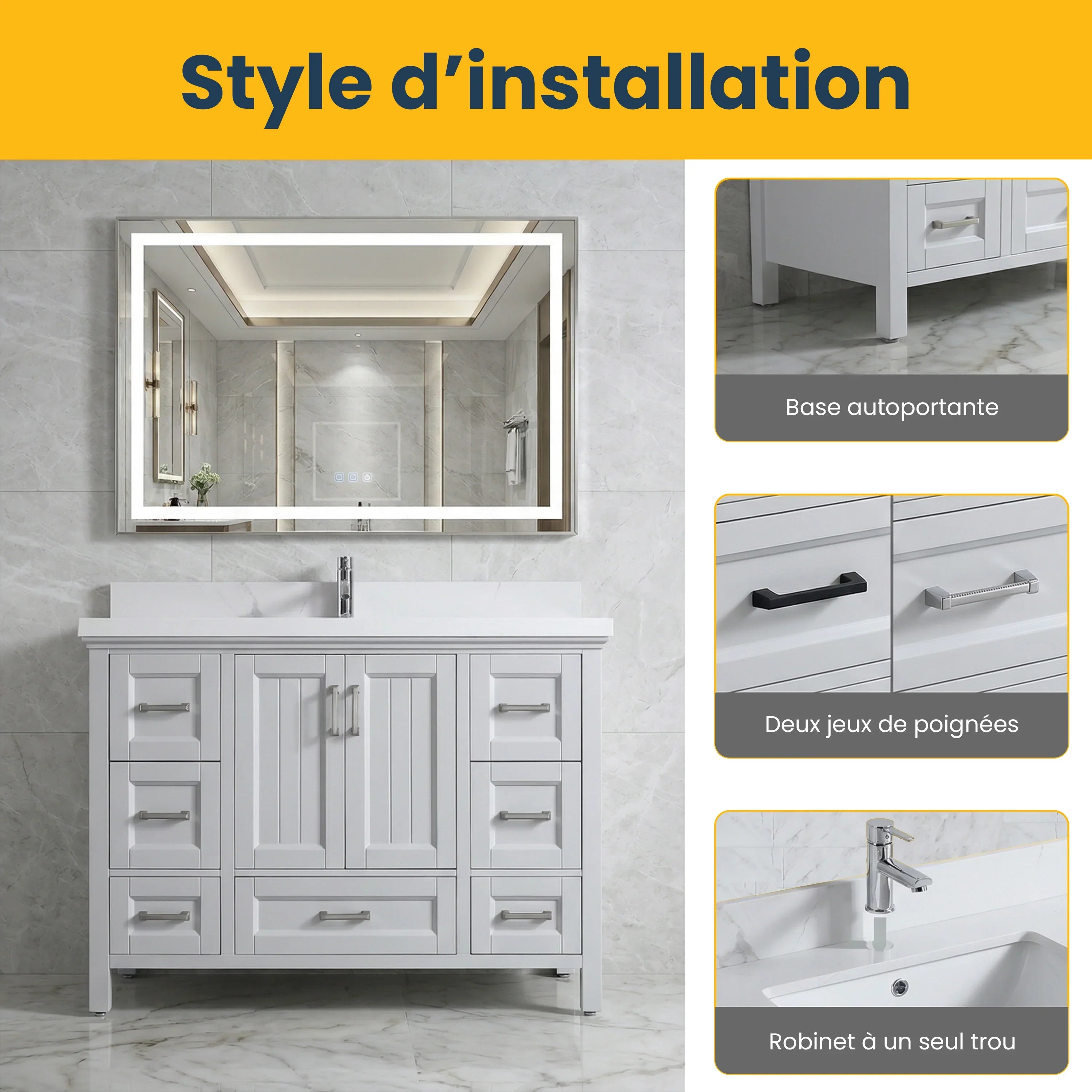 Meuble Lavabo Autoportant 48po Hampton Gris avec Comptoir Quartz Calcutta