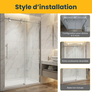 Porte de douche coulissante réversible en alcôve 48 po x 75 po en chrome - Verre 10 mm, configuration à 3 murs (Base non incluse)