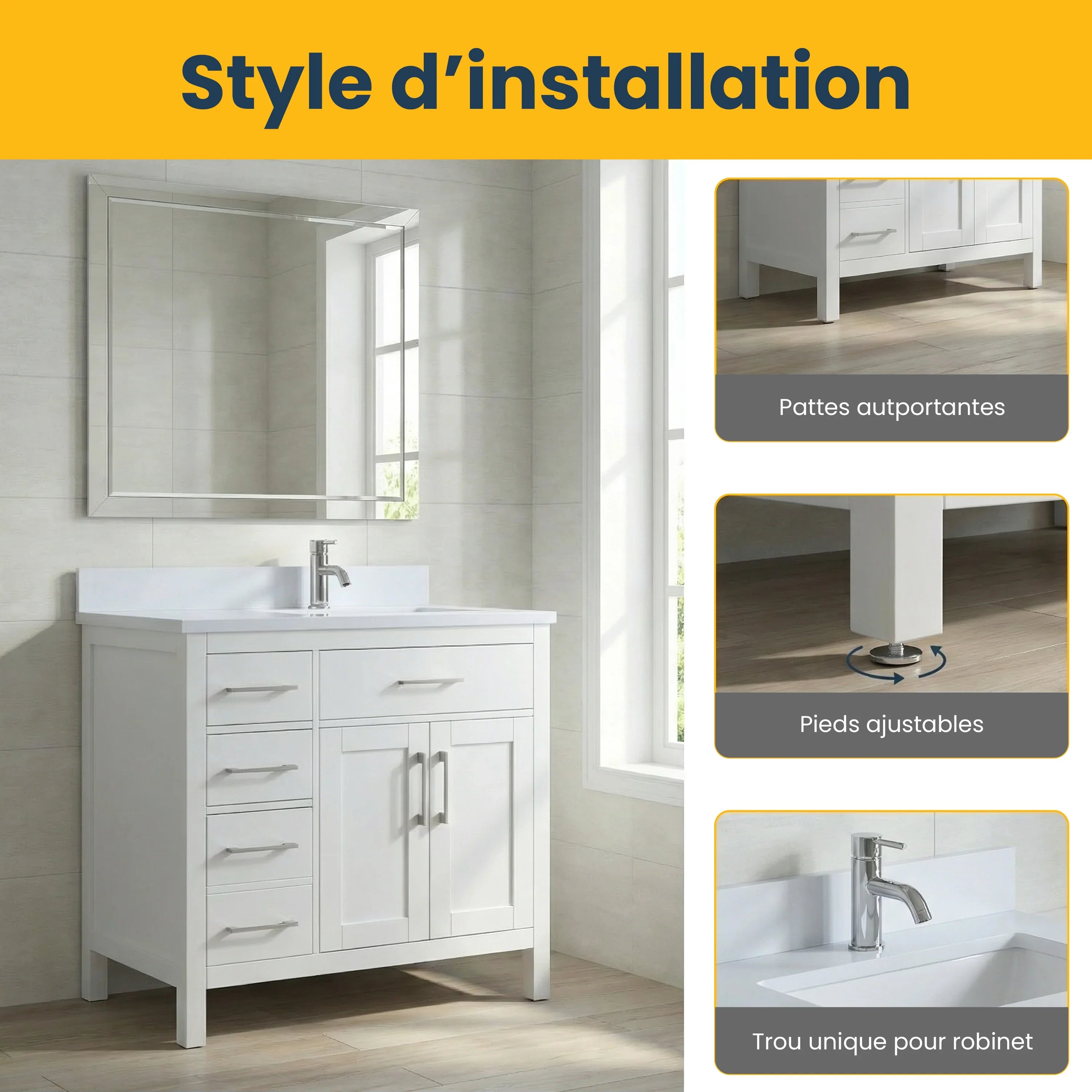 Meuble-lavabo autoportant blanc de 36 po avec comptoir en marbre blanc reconstitué