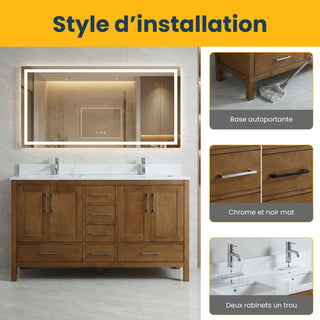 Meuble-lavabo double sur pied en noyer de 60 pouces avec comptoir en marbre reconstitué de Calacatta