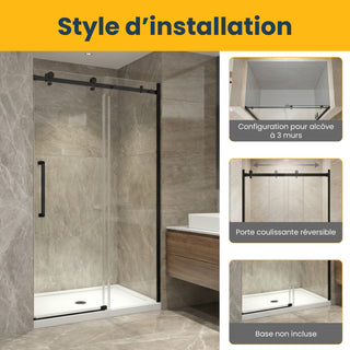 48" x 75" x 10mm Alcove Reversible Sliding Shower Door with Square Design Hardware in Black