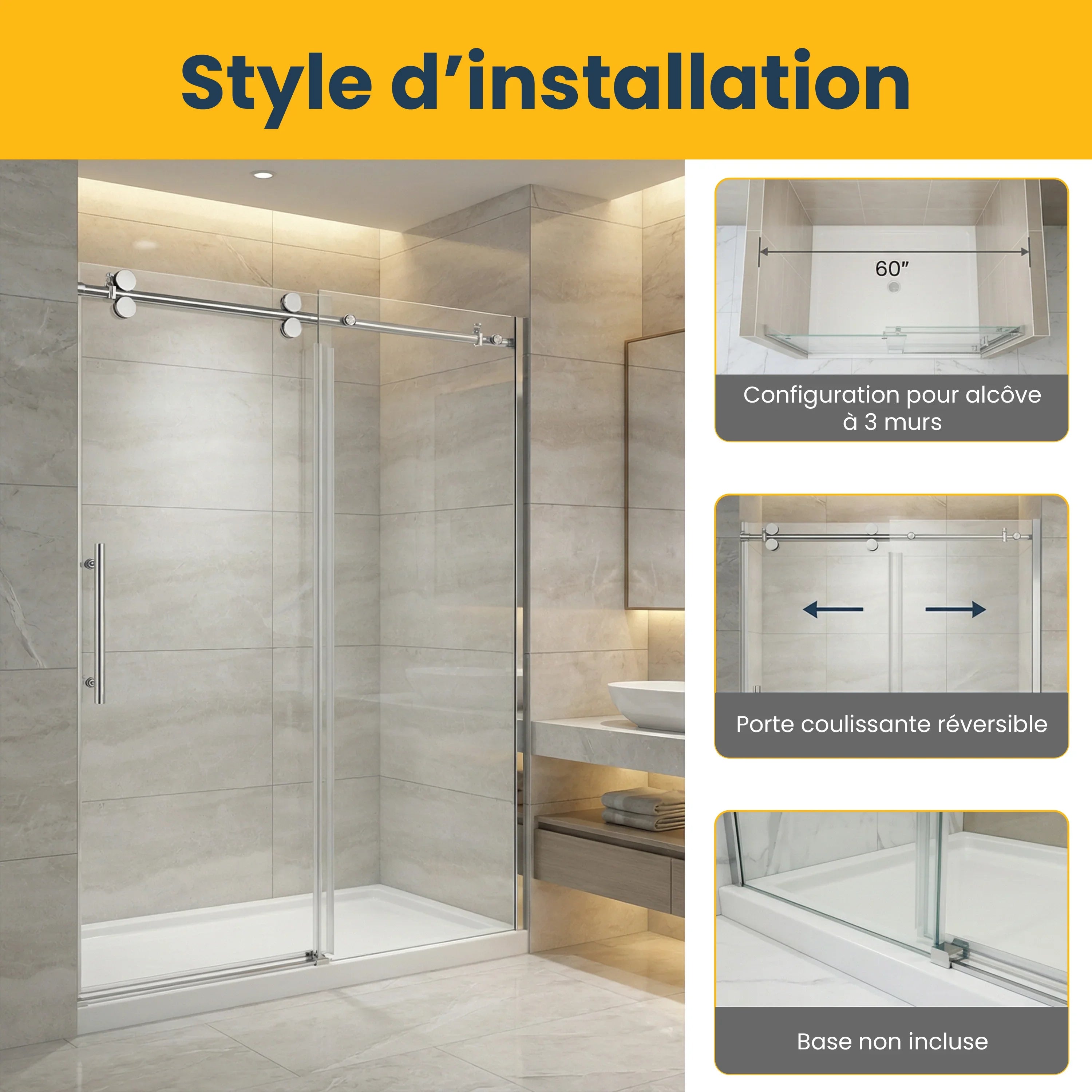 Porte de douche coulissante réversible alcôve 60po x 75po - Quincaillerie ronde chromée, verre 10mm