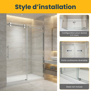 Porte de douche coulissante réversible en alcôve 60 po x 75 po en chrome - Verre 10 mm, configuration à 3 murs (Base non incluse)