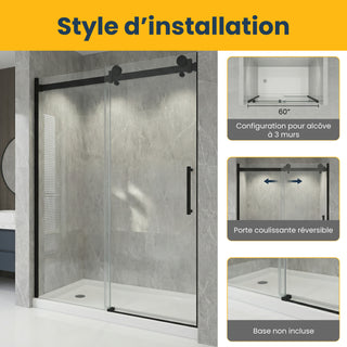 60" x 75" x 10mm Alcove Reversible Sliding Shower Door with Square Design Hardware in Matte Black