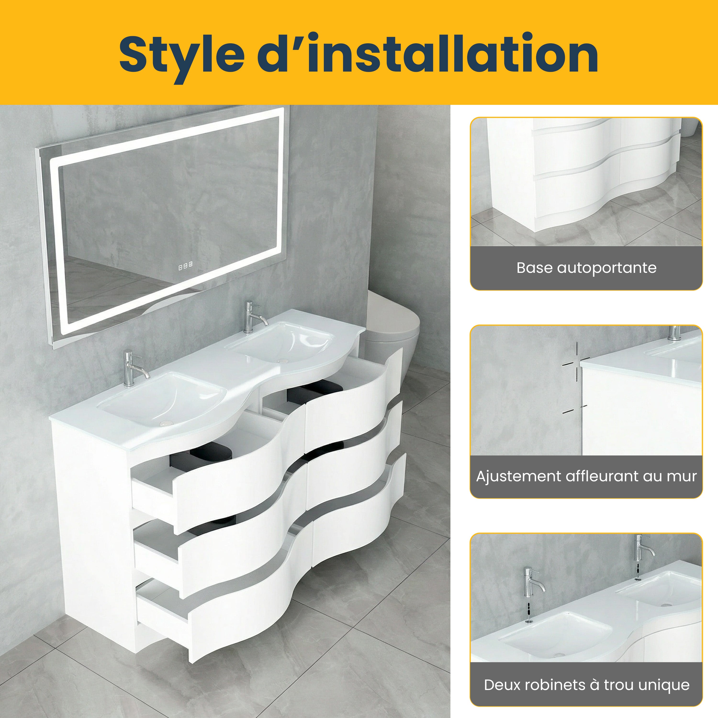 60" Matte White Freestanding Double Sink Bathroom Vanity with White Glass Countertop