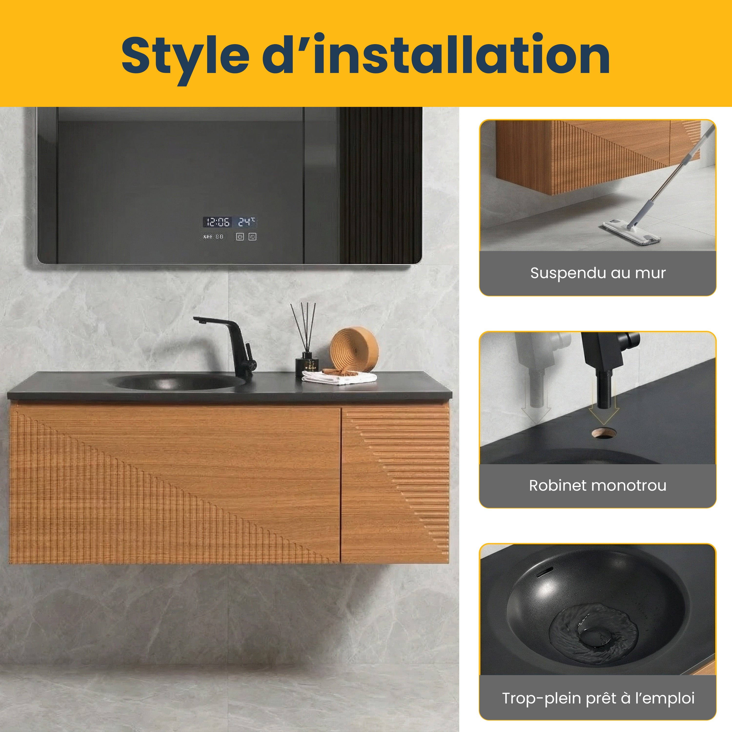 Meuble-Lavabo Mural 48po Chêne Clair avec Comptoir de Quartz d'ingénierie Noir