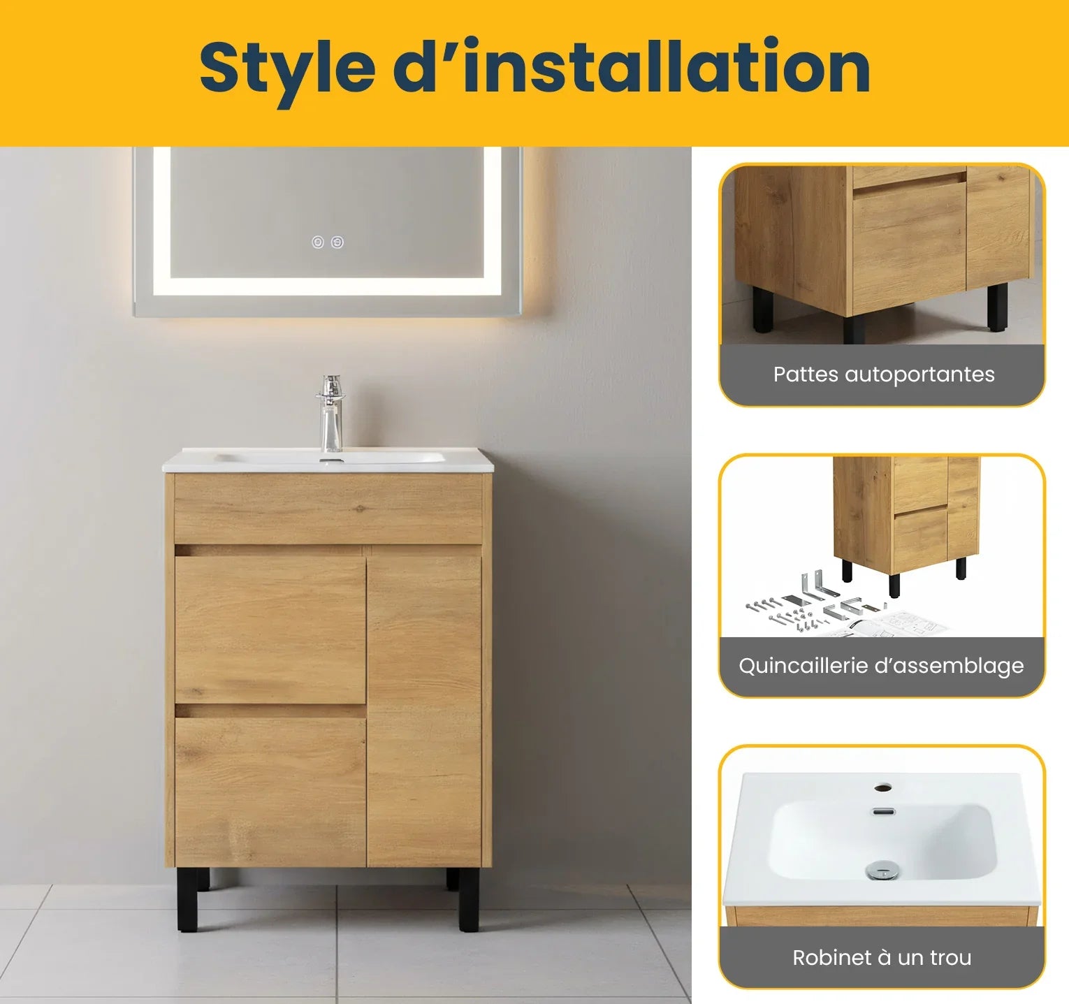 Meuble-Lavabo Autoportant 24po Chêne Givré avec Comptoir de Céramique Blanc