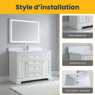 Meuble-lavabo autoportant blanc de 48 po avec comptoir en marbre blanc reconstitué