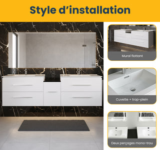 Meuble-Lavabo Mural 72po Blanc Mat avec Comptoir de Céramique Blanc