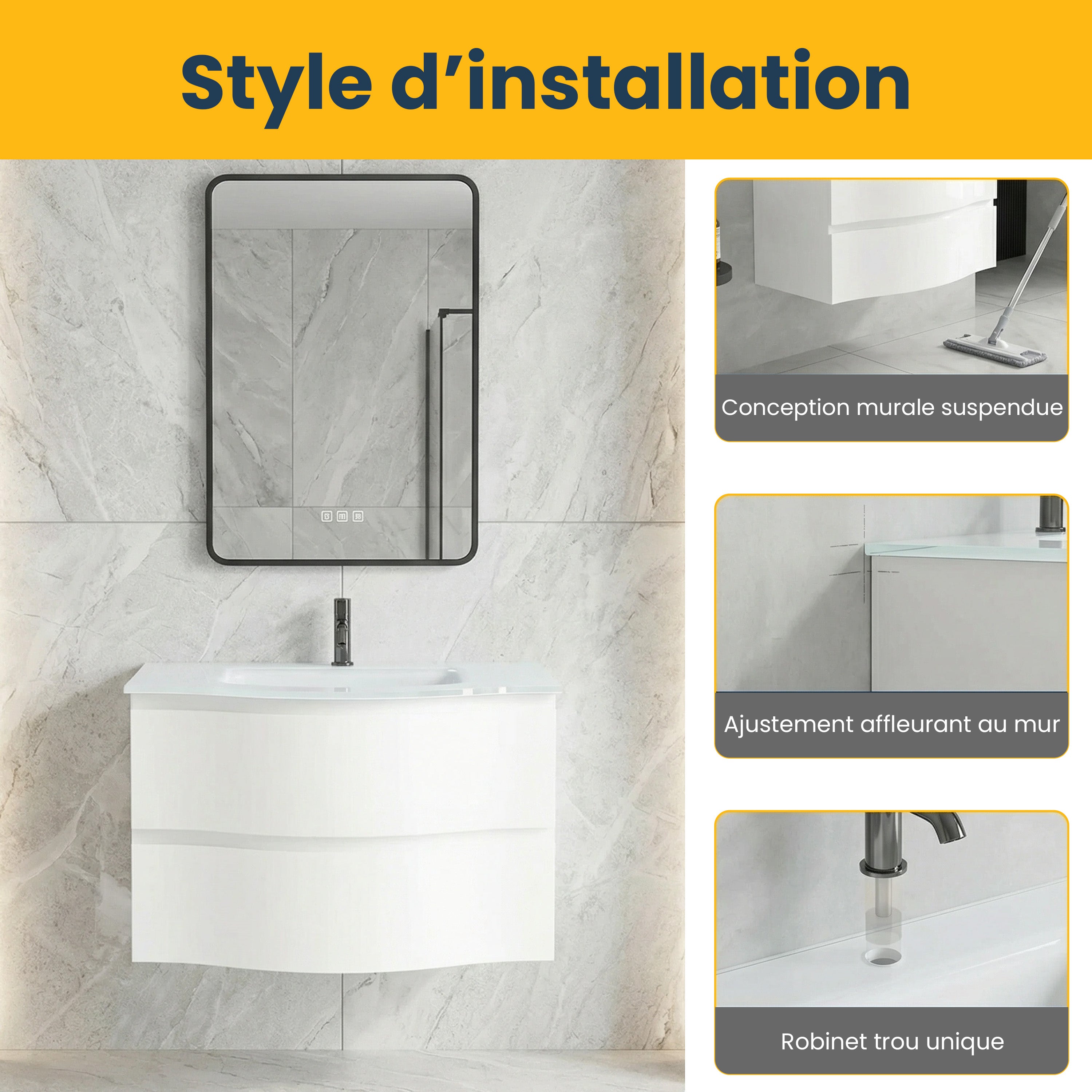 30" Matte White Wall Mount Single Sink Bathroom Vanity with White Glass Countertop