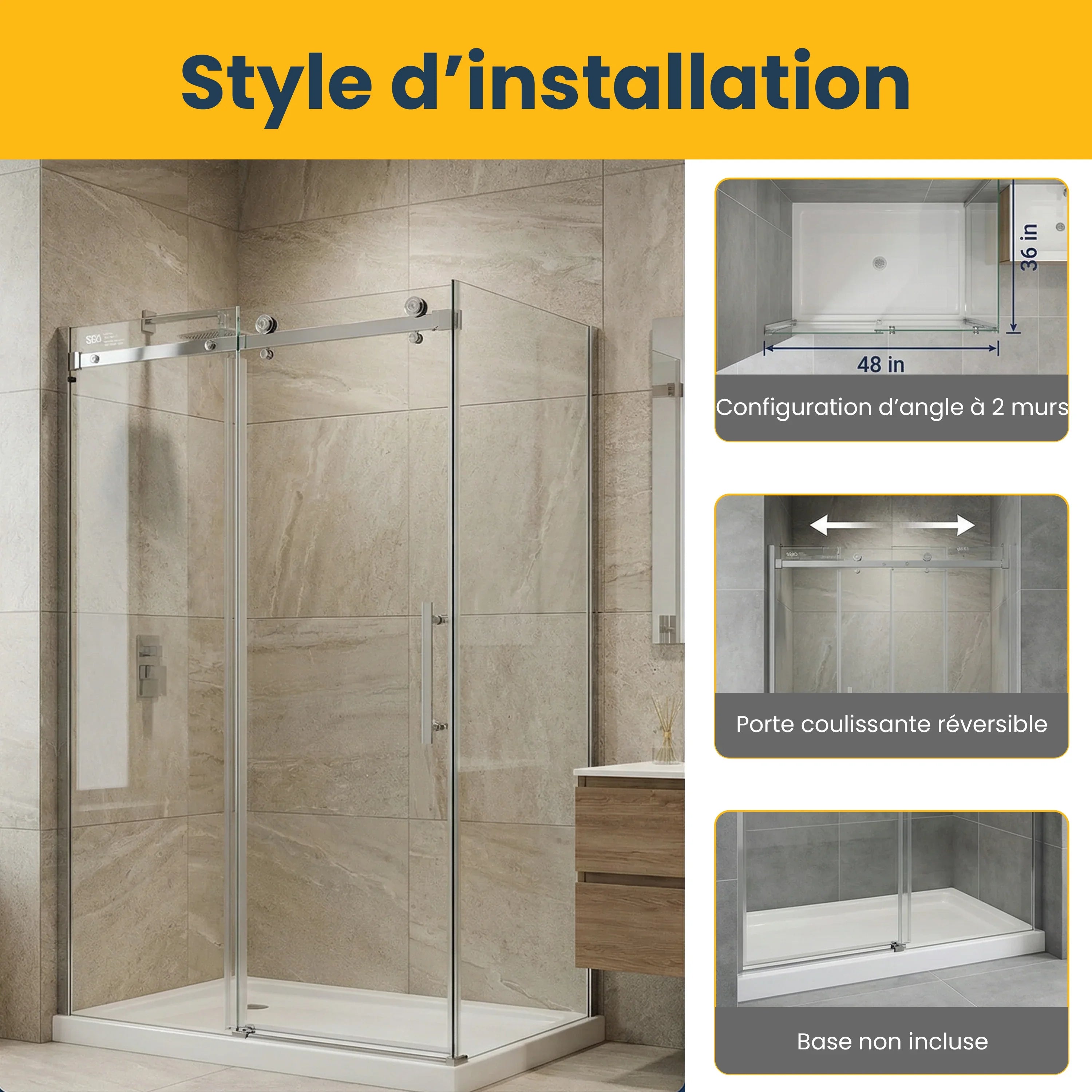 48" x 36" x 75" Reversible Sliding Shower Door with Chrome Square Hardware - 10mm Tempered Glass