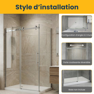 Porte de douche coulissante réversible 48" x 36" x 75" en chrome - Verre 10 mm, installation sur 2 murs avec panneau latéral de 36"