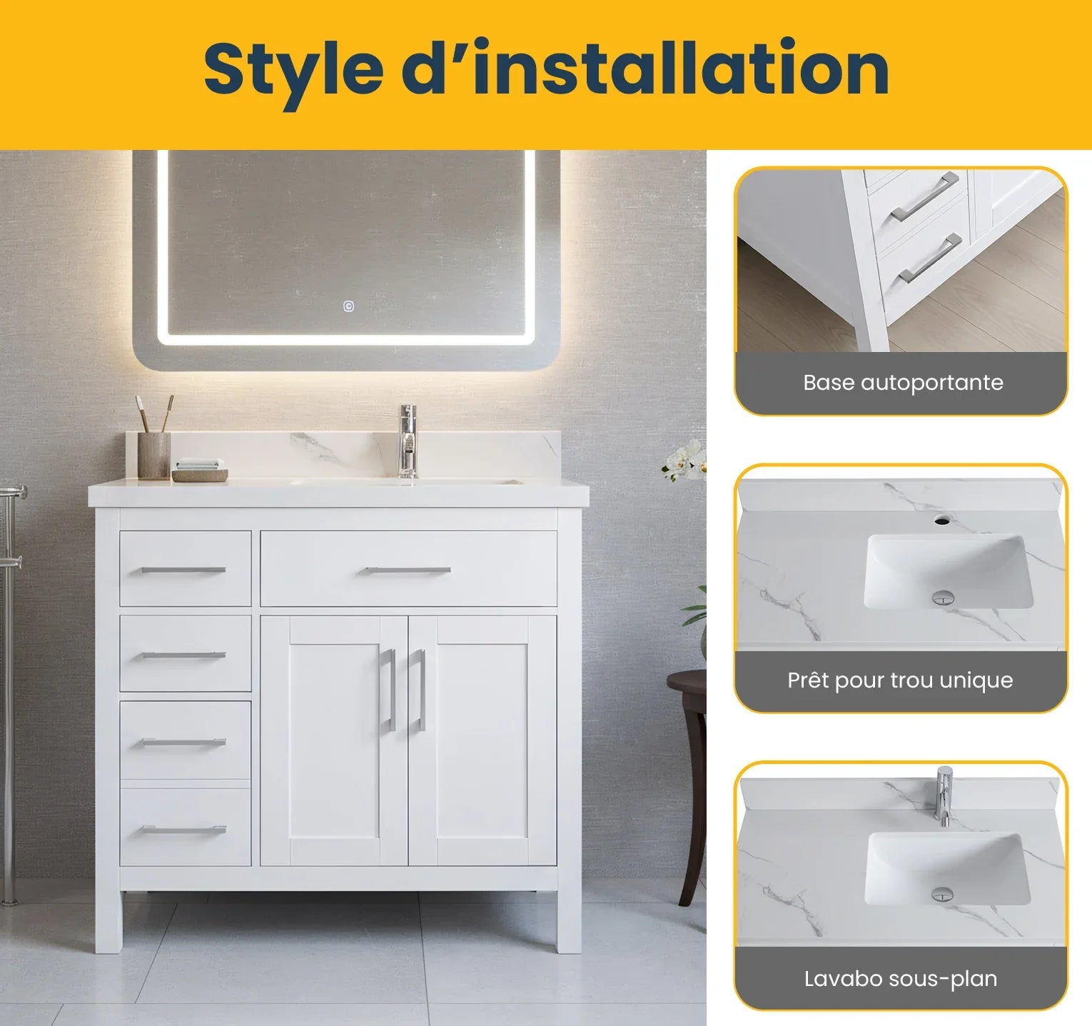 Meuble-Lavabo Autoportant 36po Blanc avec Comptoir de Marbre Ingénierie Calcutta