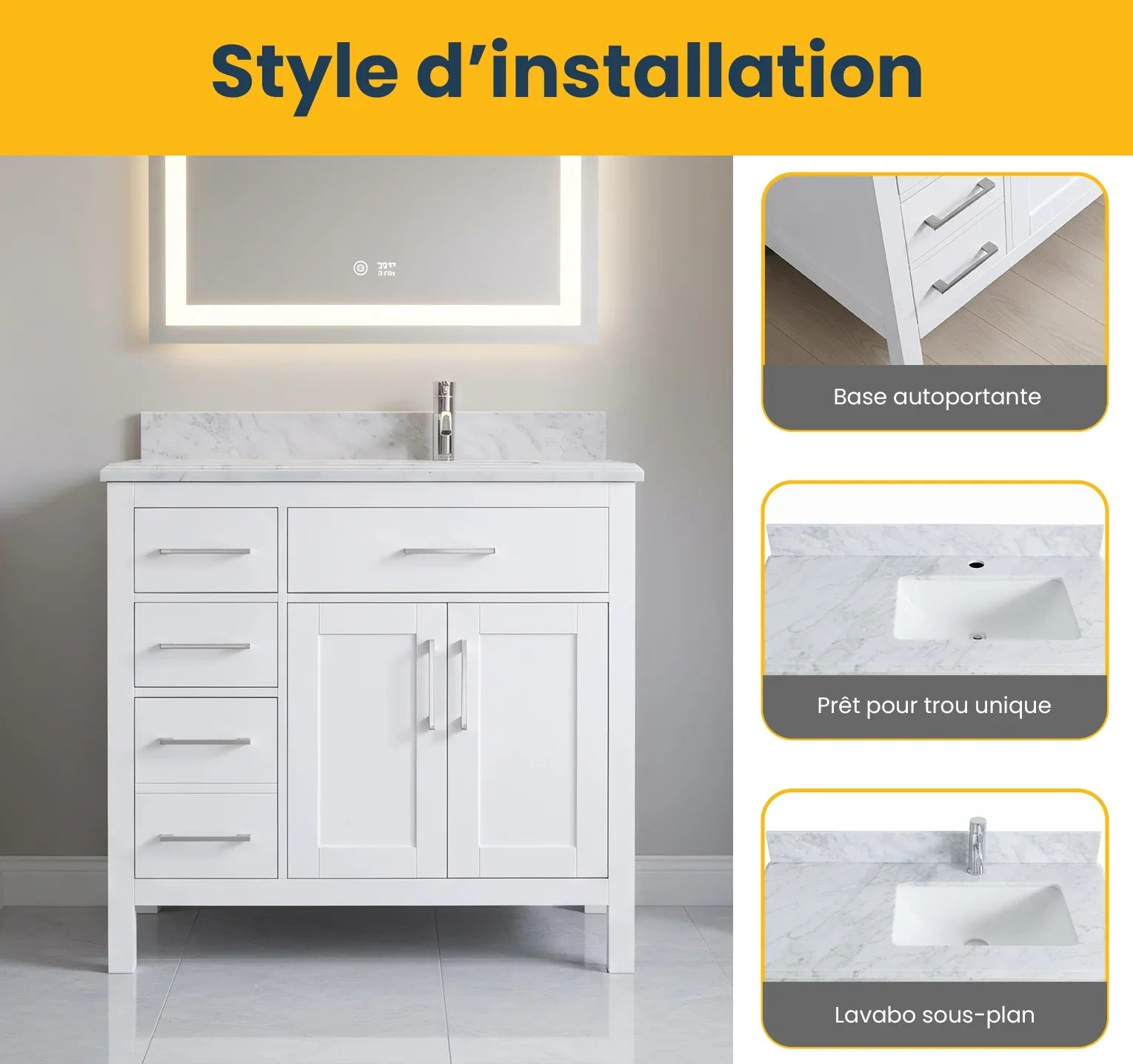 36" White Freestanding Single Sink Bathroom Vanity with Carrera Marble Countertop