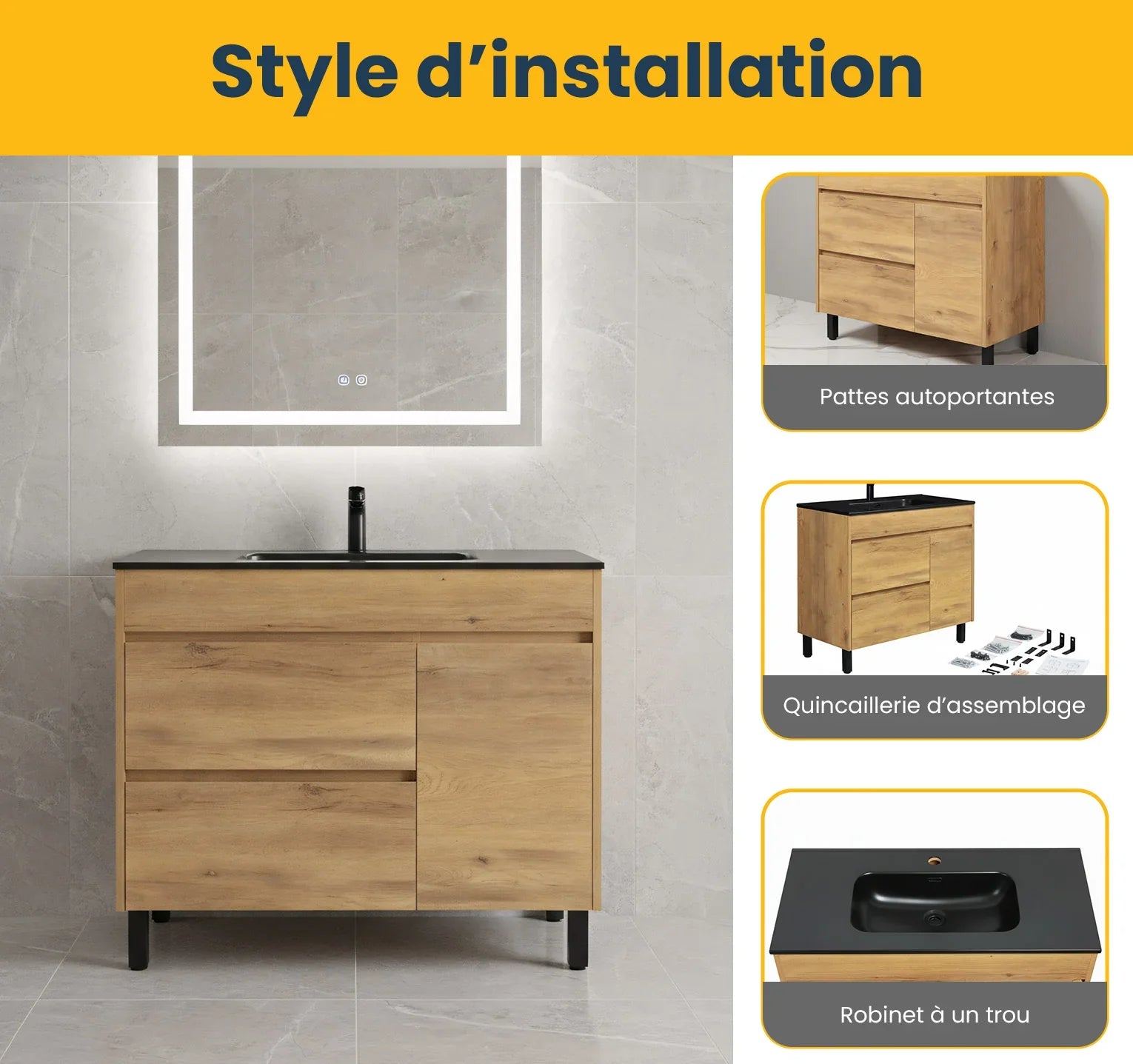 40" Frosted Oak Freestanding Single Sink Bathroom Vanity with Black Ceramic Countetop