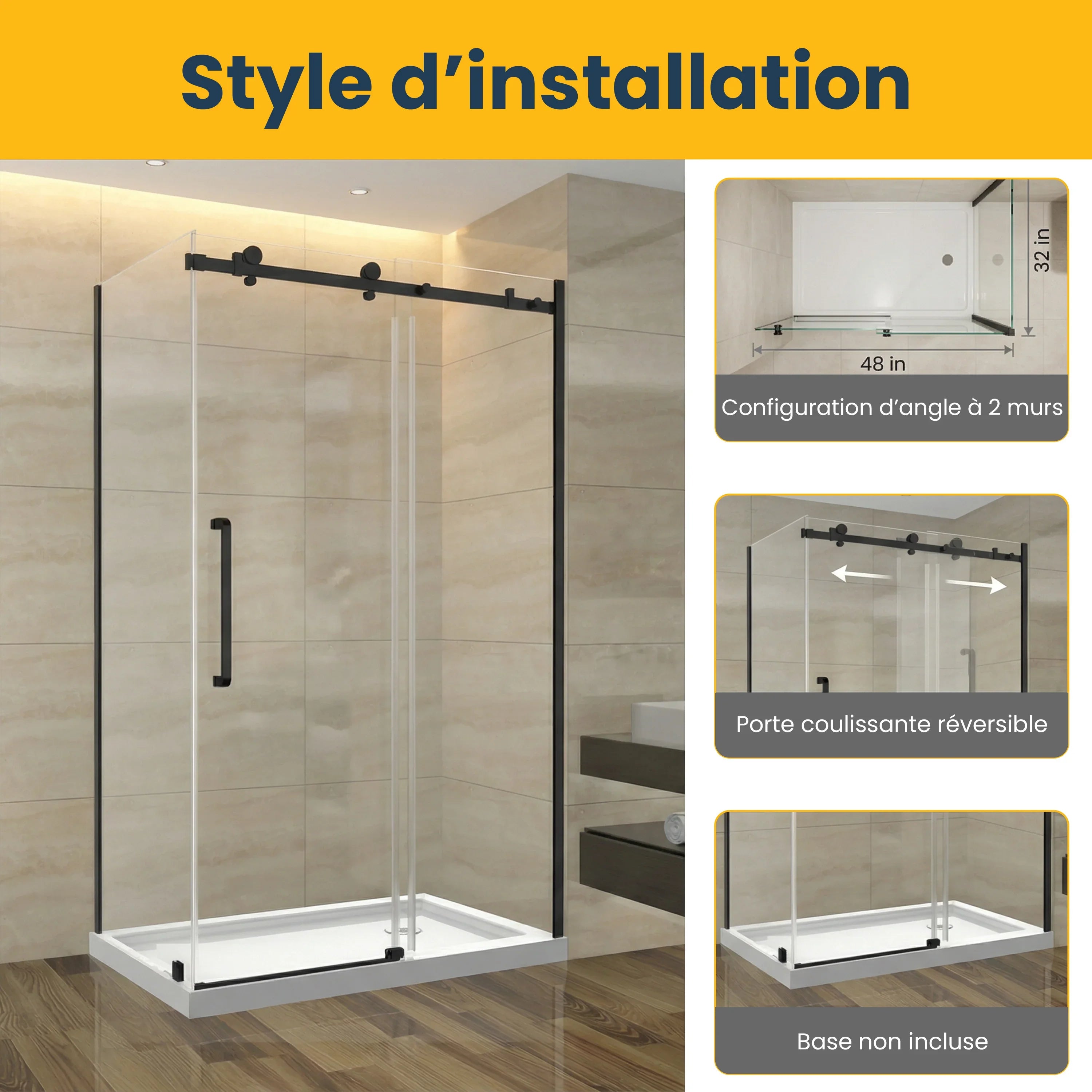 48" x 75" Reversible Sliding Shower Door with Black Square Hardware and 32" Side Panel