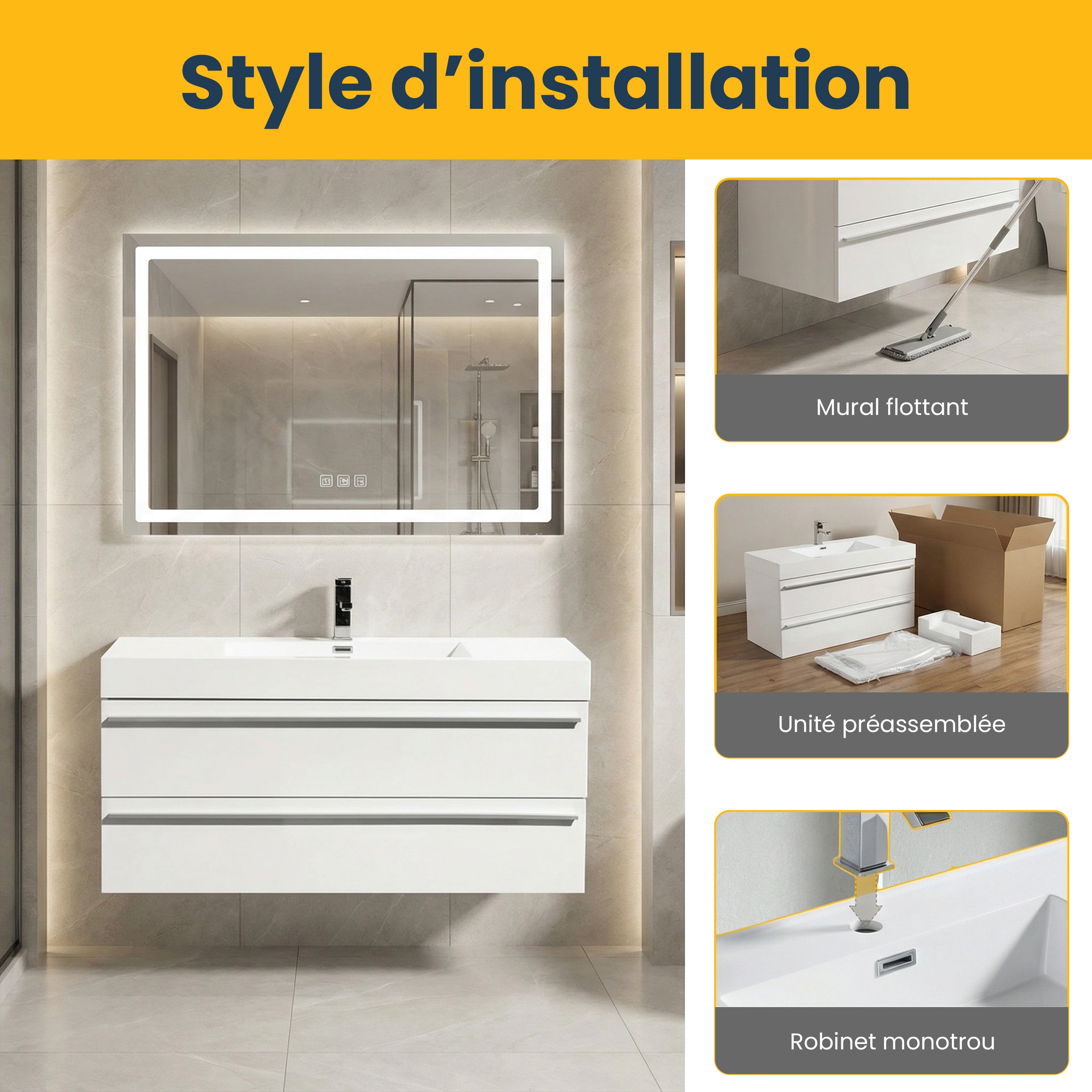 Meuble-Lavabo Mural Blanc de 48 po avec Comptoir en Polymarbre Blanc