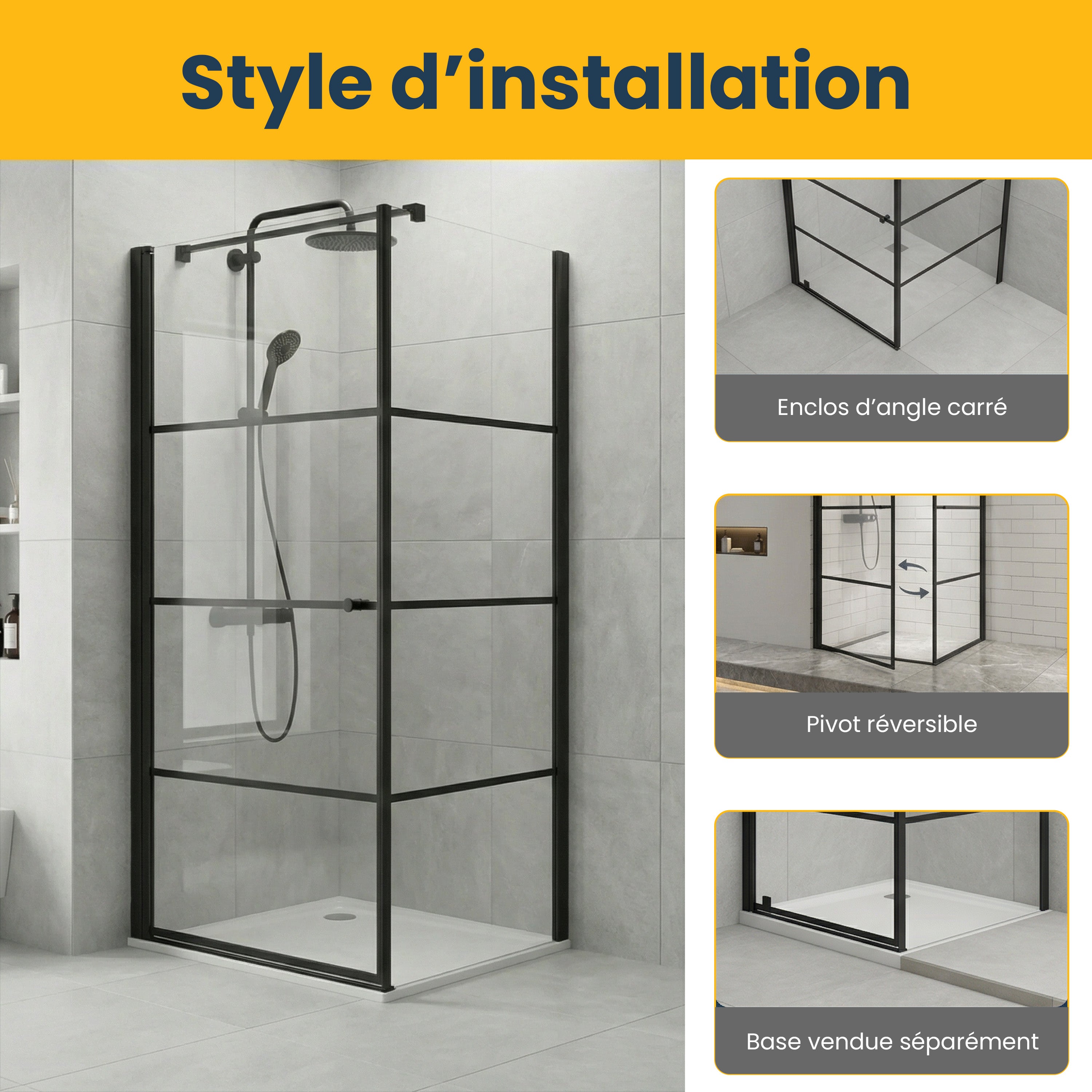 Cabine de Douche Coin 36po x 36po Noir Mat avec Porte Pivotante