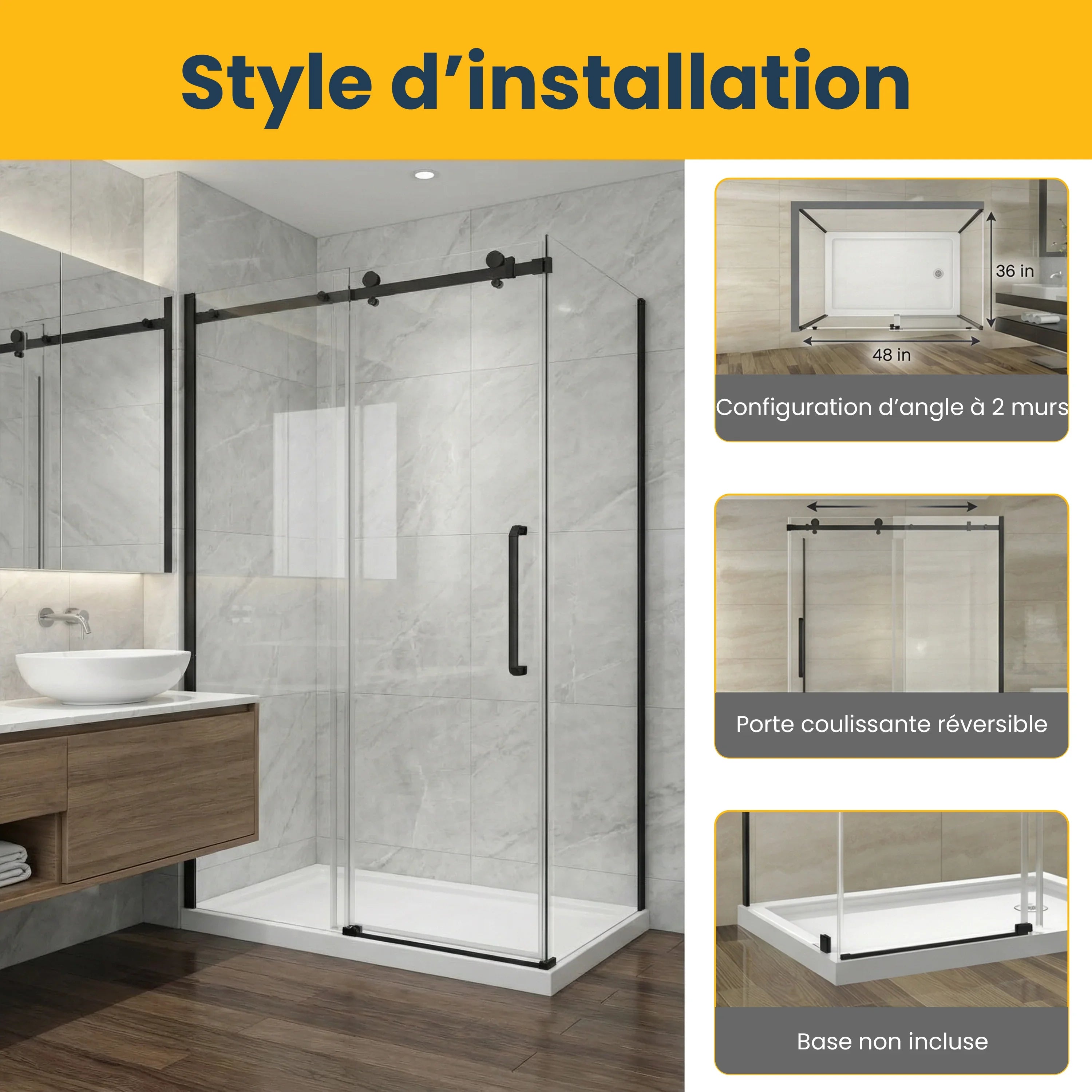 48" x 36" x 75" Corner Shower Door Set with Matte Black Square Hardware - 2 Wall Configuration