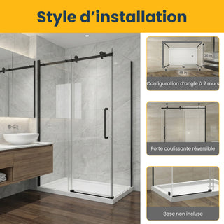 Ensemble de douche 48" x 36" x 75" - Style carré avec quincaillerie noire mate - Installation sur 2 murs sans base